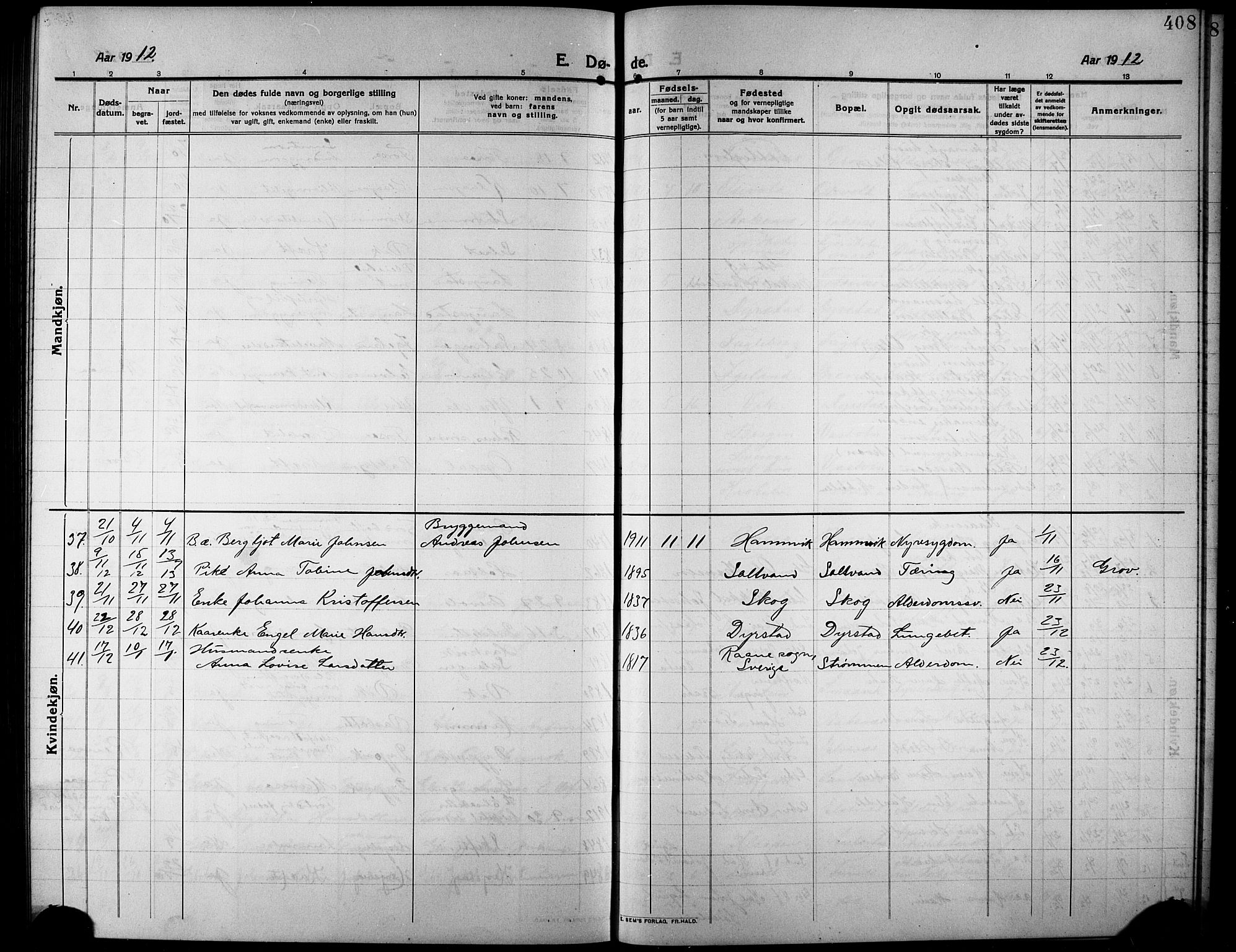 Ibestad sokneprestembete, AV/SATØ-S-0077/H/Ha/Hab/L0009klokker: Klokkerbok nr. 9, 1902-1914, s. 408