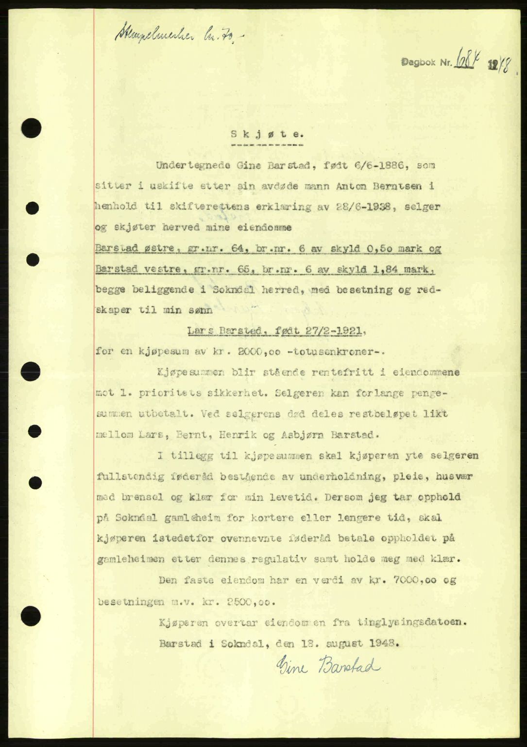 Dalane sorenskriveri, SAST/A-100309/02/G/Gb/L0051: Pantebok nr. A11, 1947-1948, Dagboknr: 684/1948
