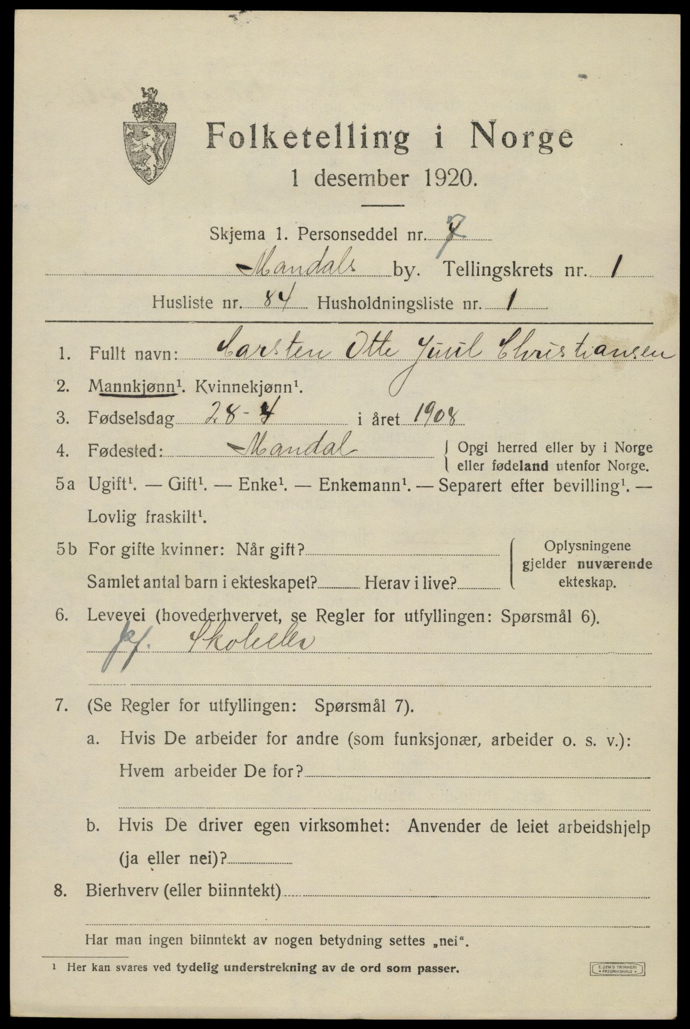 SAK, Folketelling 1920 for 1002 Mandal ladested, 1920, s. 4111
