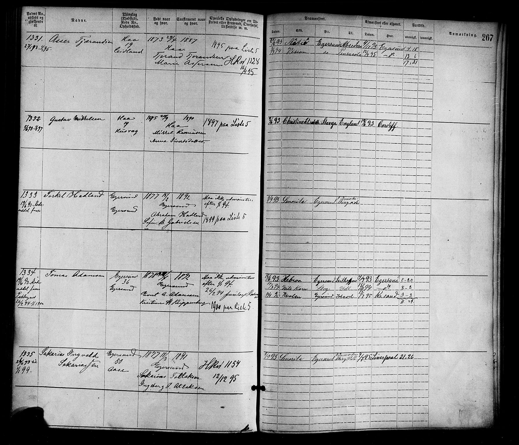 Egersund mønstringskrets, SAK/2031-0019/F/Fa/L0001: Annotasjonsrulle nr 1-1440 med register, O-1, 1869-1895, s. 292