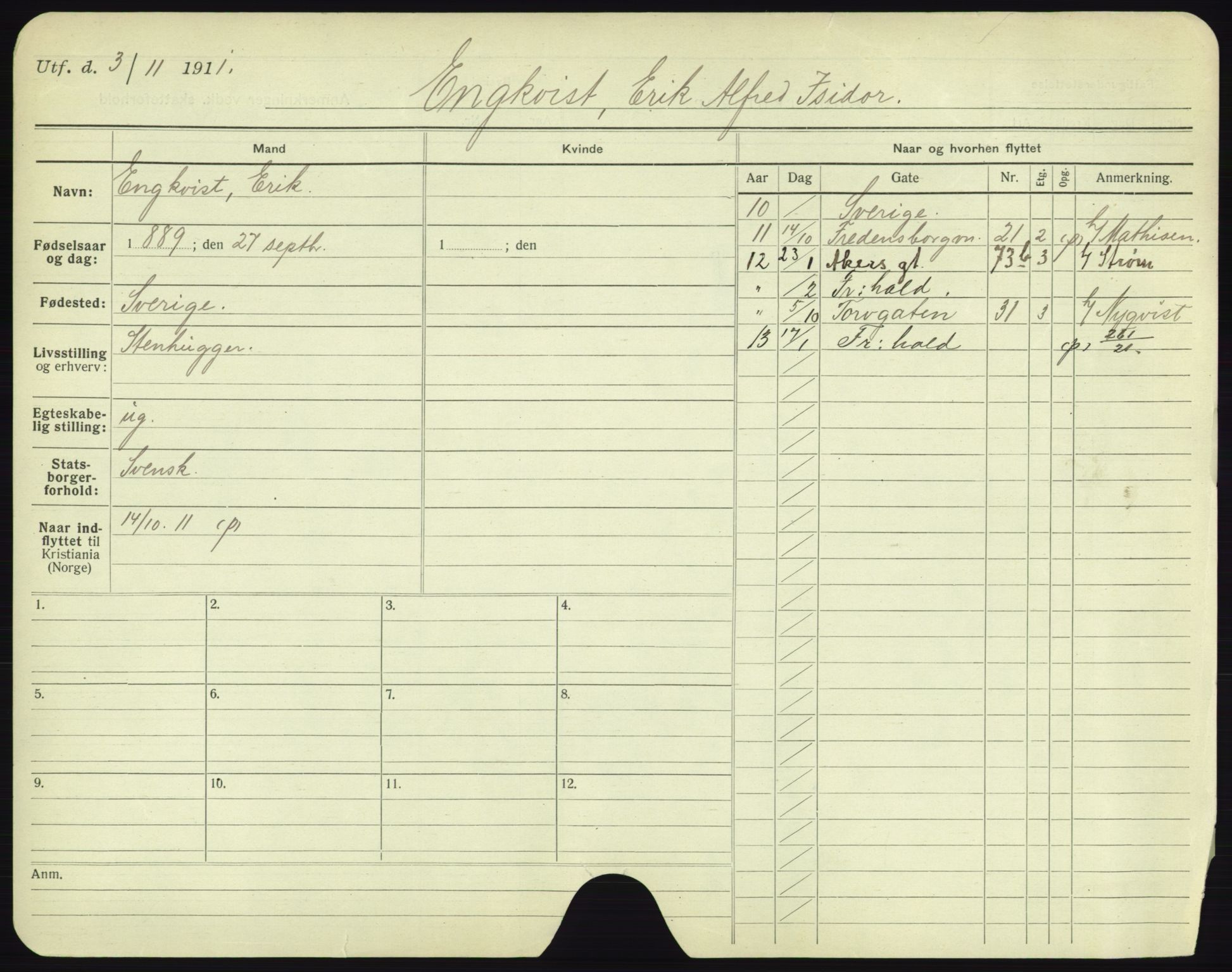 Oslo folkeregister, Registerkort, AV/SAO-A-11715/F/Fa/Fac/L0002: Menn, 1906-1914, s. 1004a