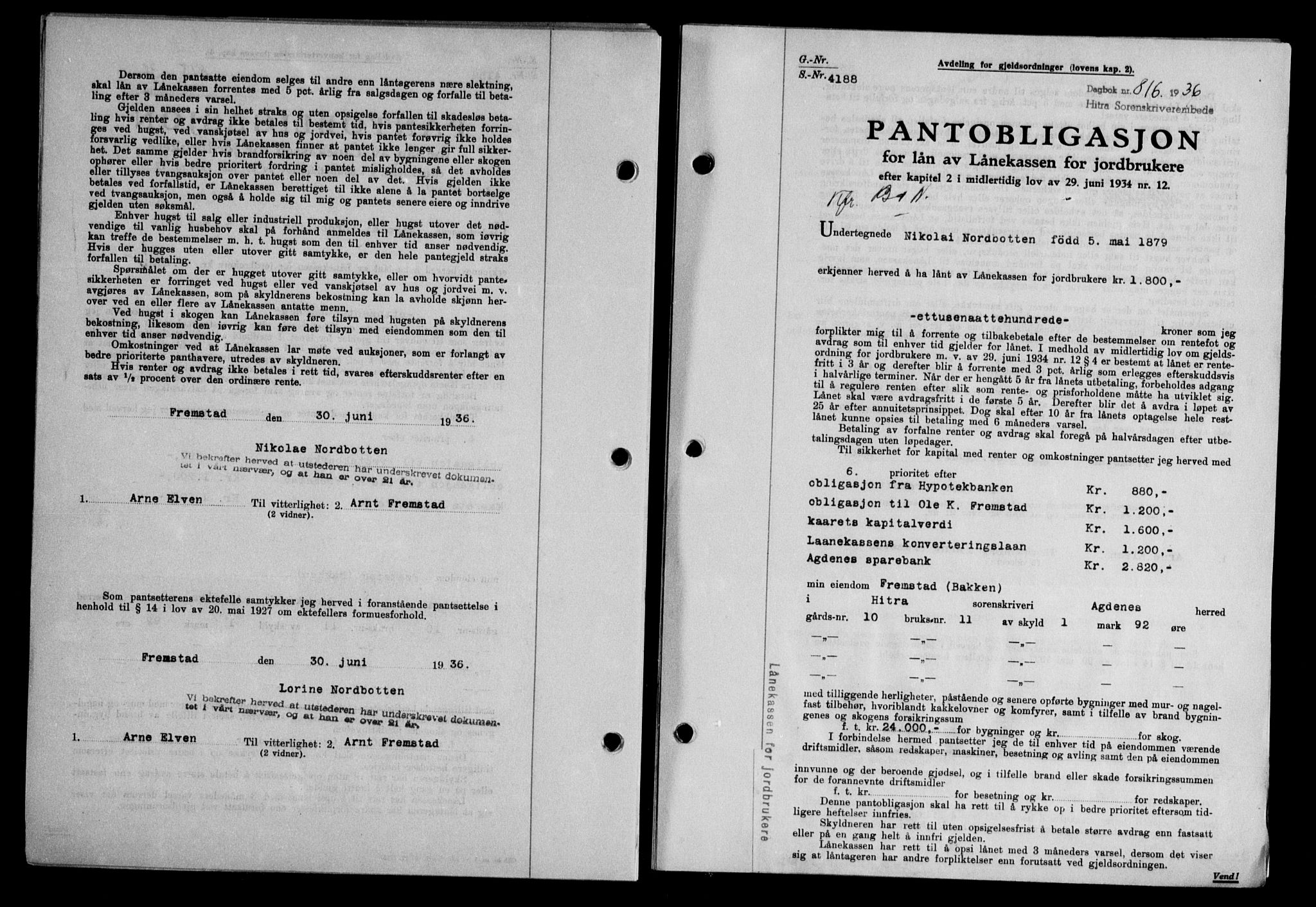Hitra sorenskriveri, AV/SAT-A-0018/2/2C/2Ca/L0028: Pantebok nr. B-1, 1936-1939, Dagboknr: 816/1936