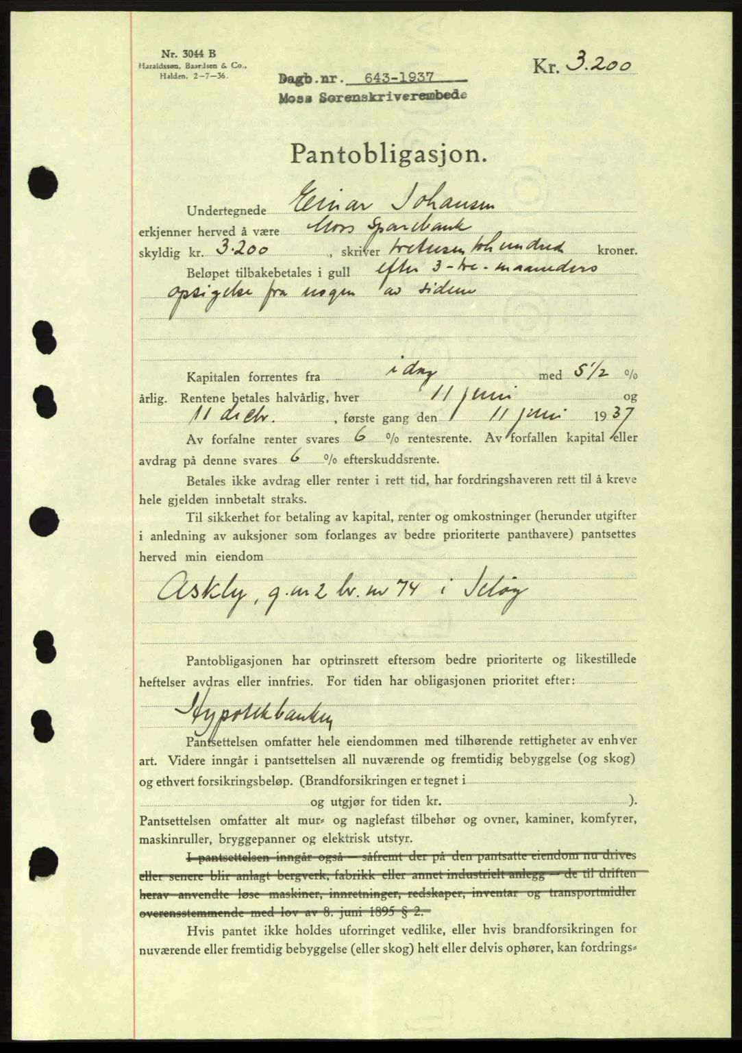 Moss sorenskriveri, SAO/A-10168: Pantebok nr. B3, 1937-1937, Dagboknr: 643/1937