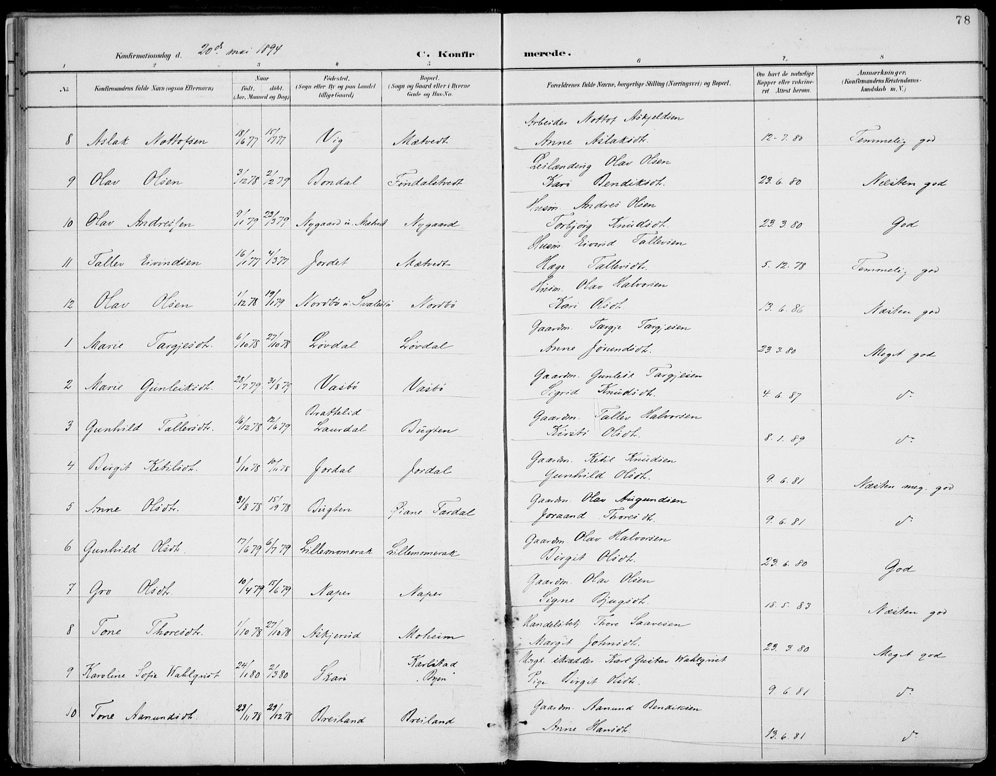 Fyresdal kirkebøker, AV/SAKO-A-263/F/Fa/L0007: Ministerialbok nr. I 7, 1887-1914, s. 78