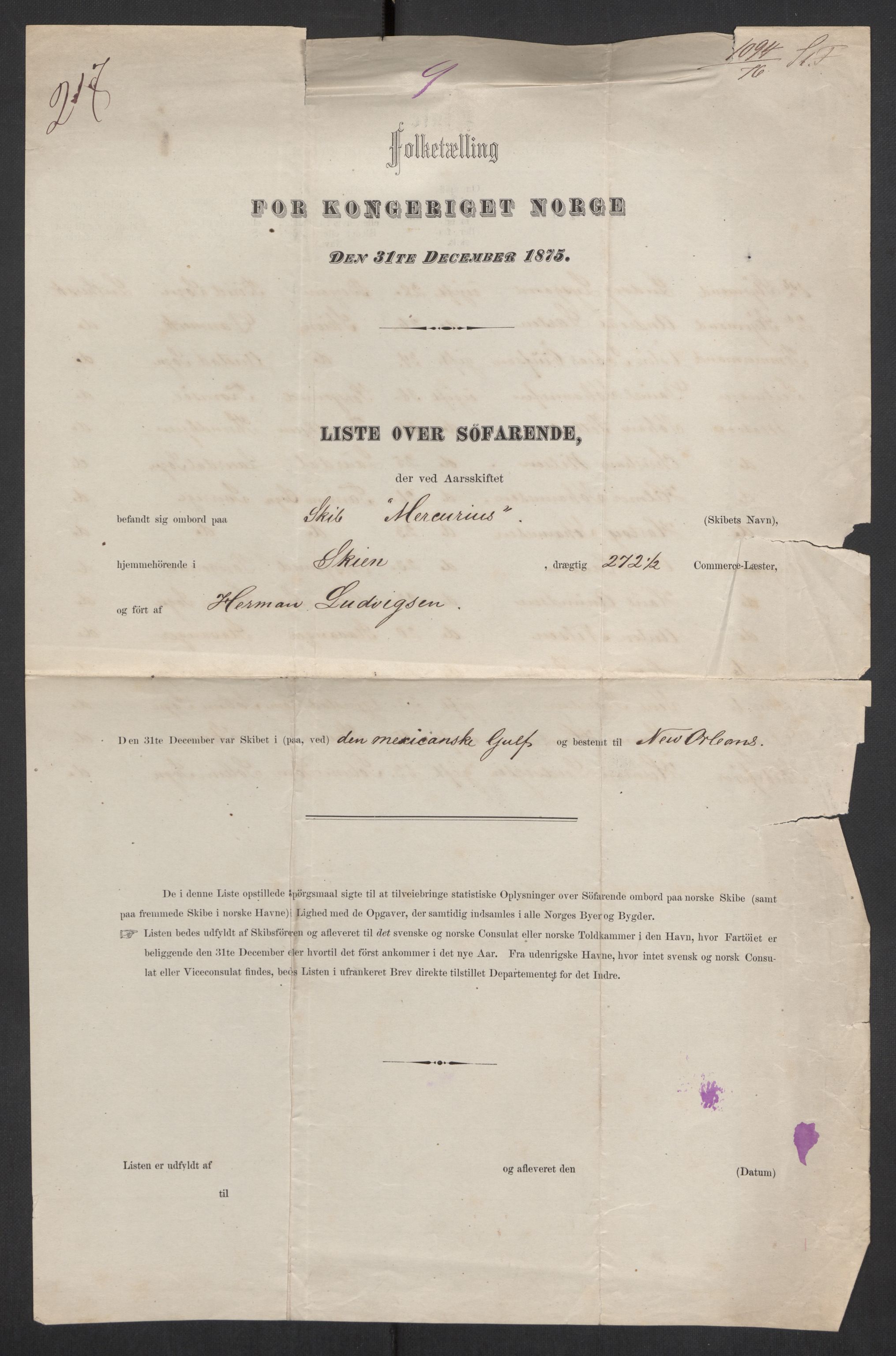 RA, Folketelling 1875, skipslister: Skip i utenrikske havner, hjemmehørende i byer og ladesteder, Fredrikshald - Arendal, 1875, s. 884