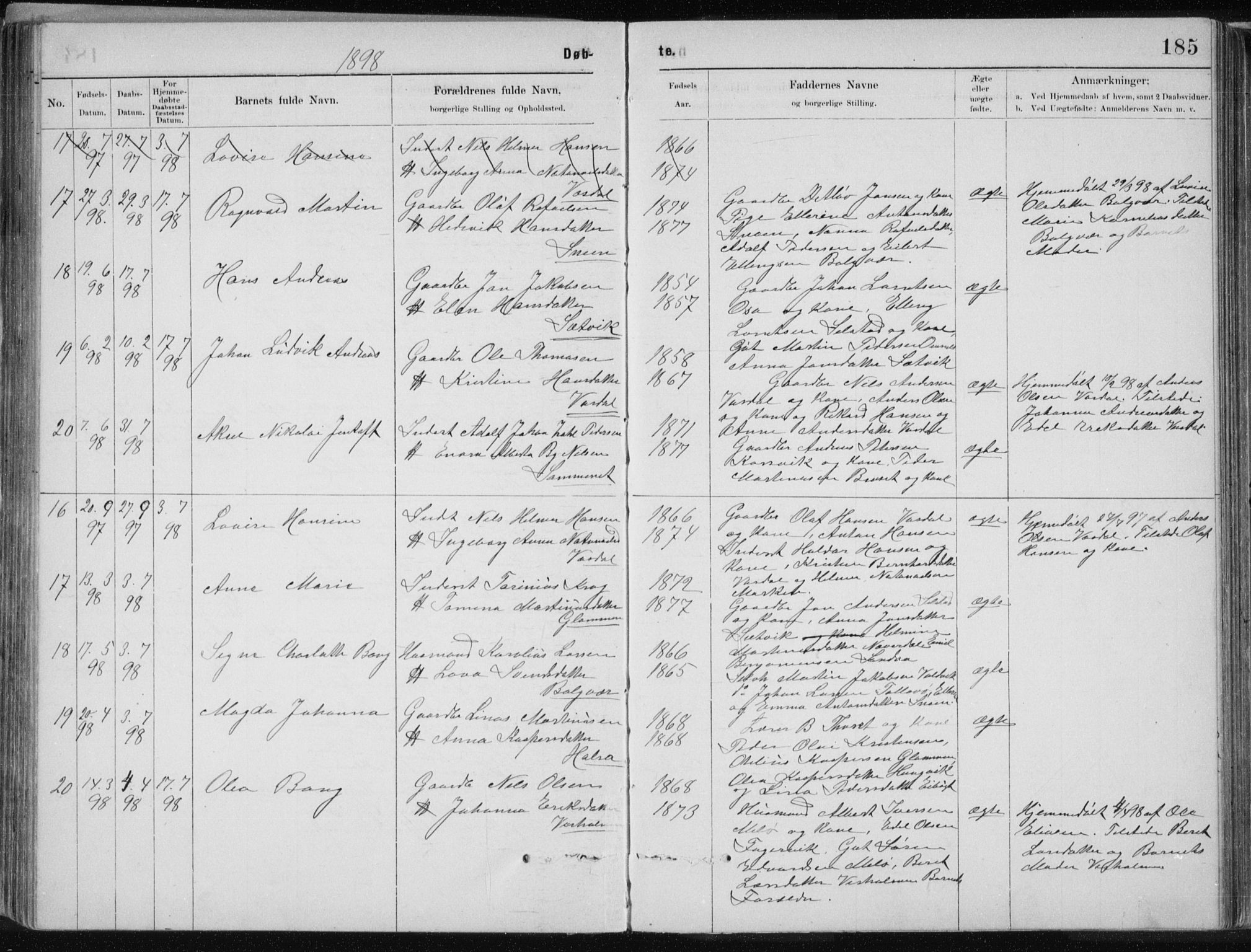 Ministerialprotokoller, klokkerbøker og fødselsregistre - Nordland, AV/SAT-A-1459/843/L0636: Klokkerbok nr. 843C05, 1884-1909, s. 185