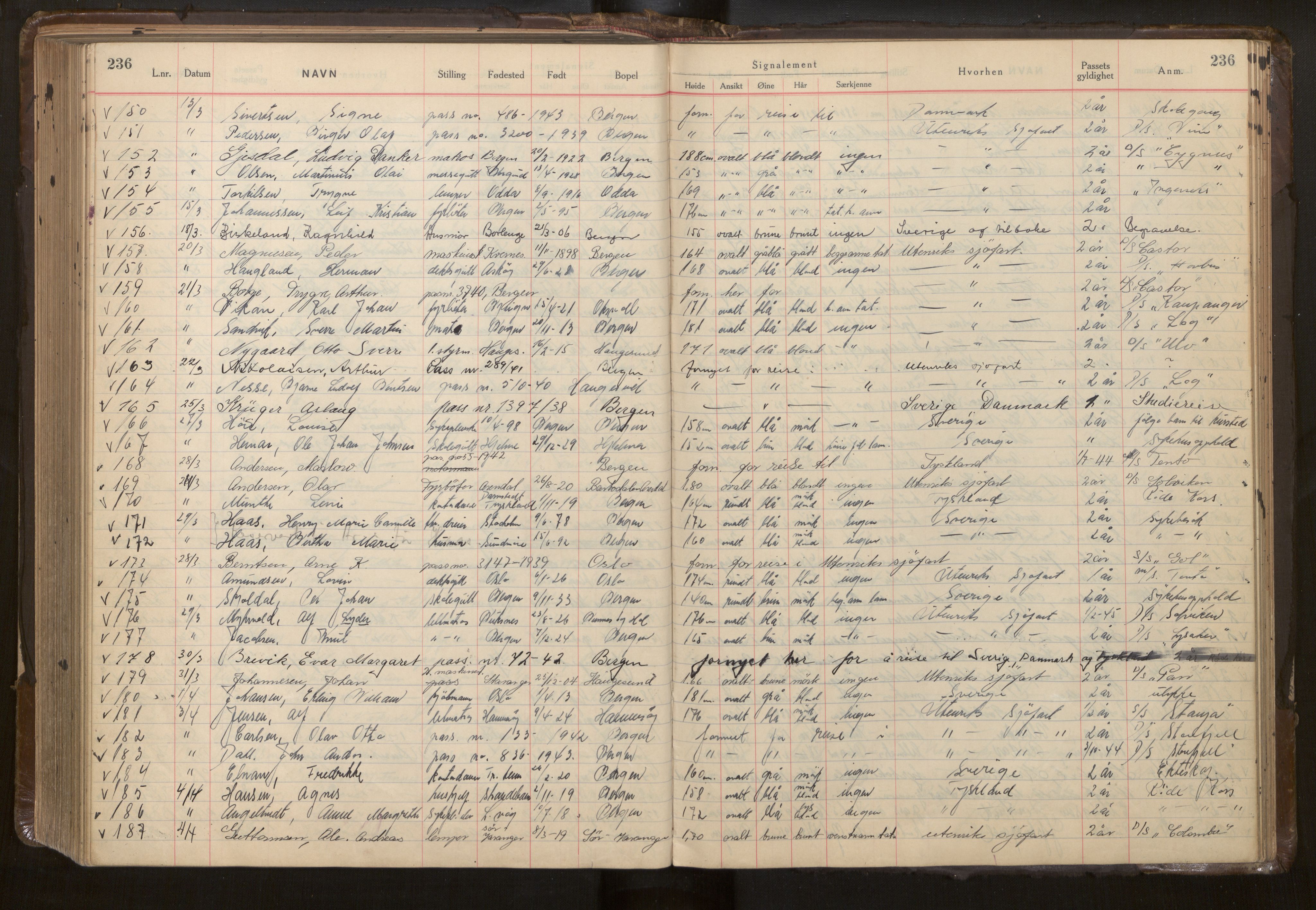 Bergen politikammer / politidistrikt, AV/SAB-A-60401/L/La/Lab/L0015: Passprotokoll, 1939-1946