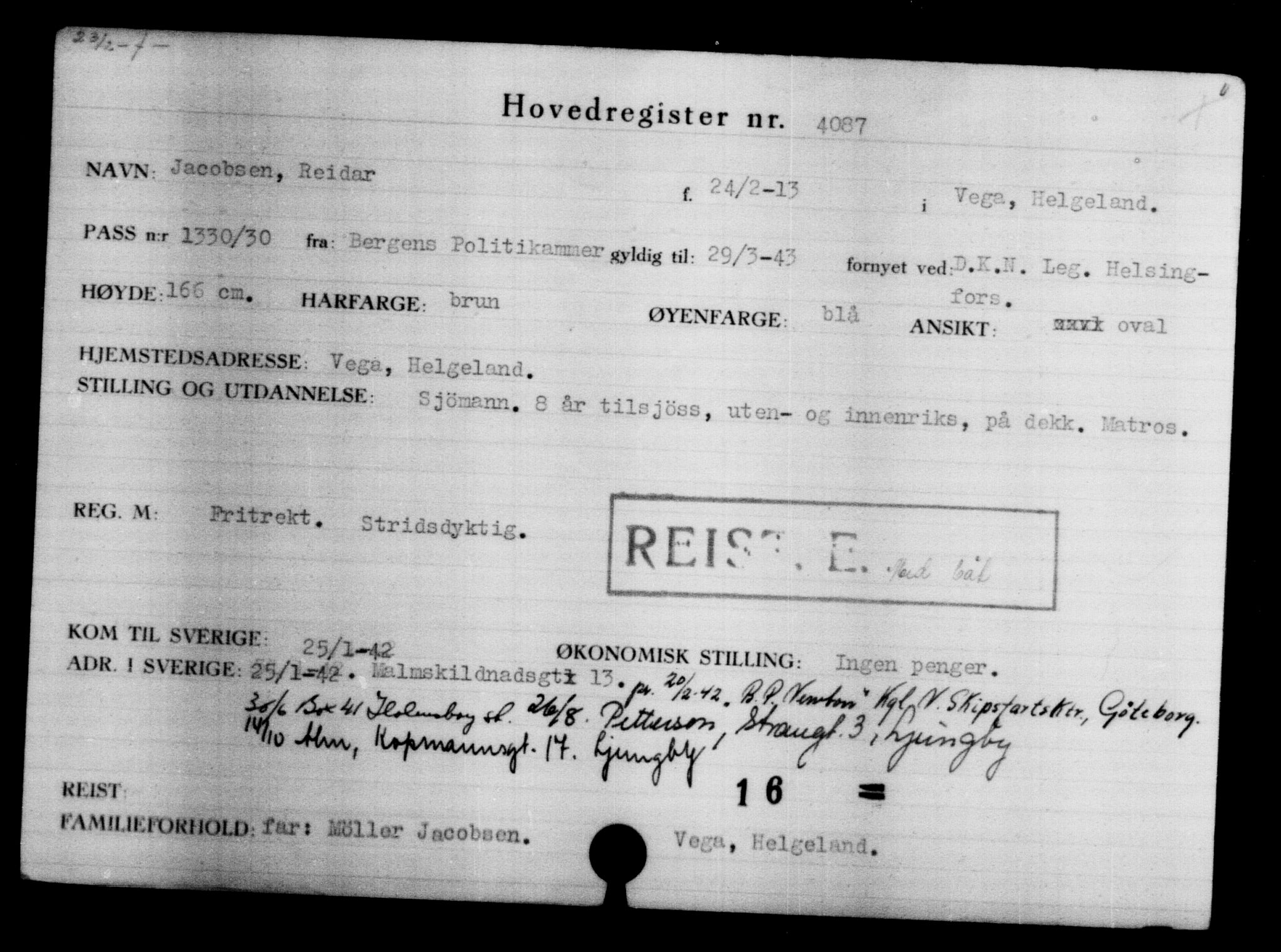 Utenriksstasjonene, Legasjonen i Stockholm, Flyktningkontoret, AV/RA-S-6753/V/Va/L0004: Kjesäterkartoteket, flyktninger med registreringsnr. 3496-6610, 1940-1945, s. 698
