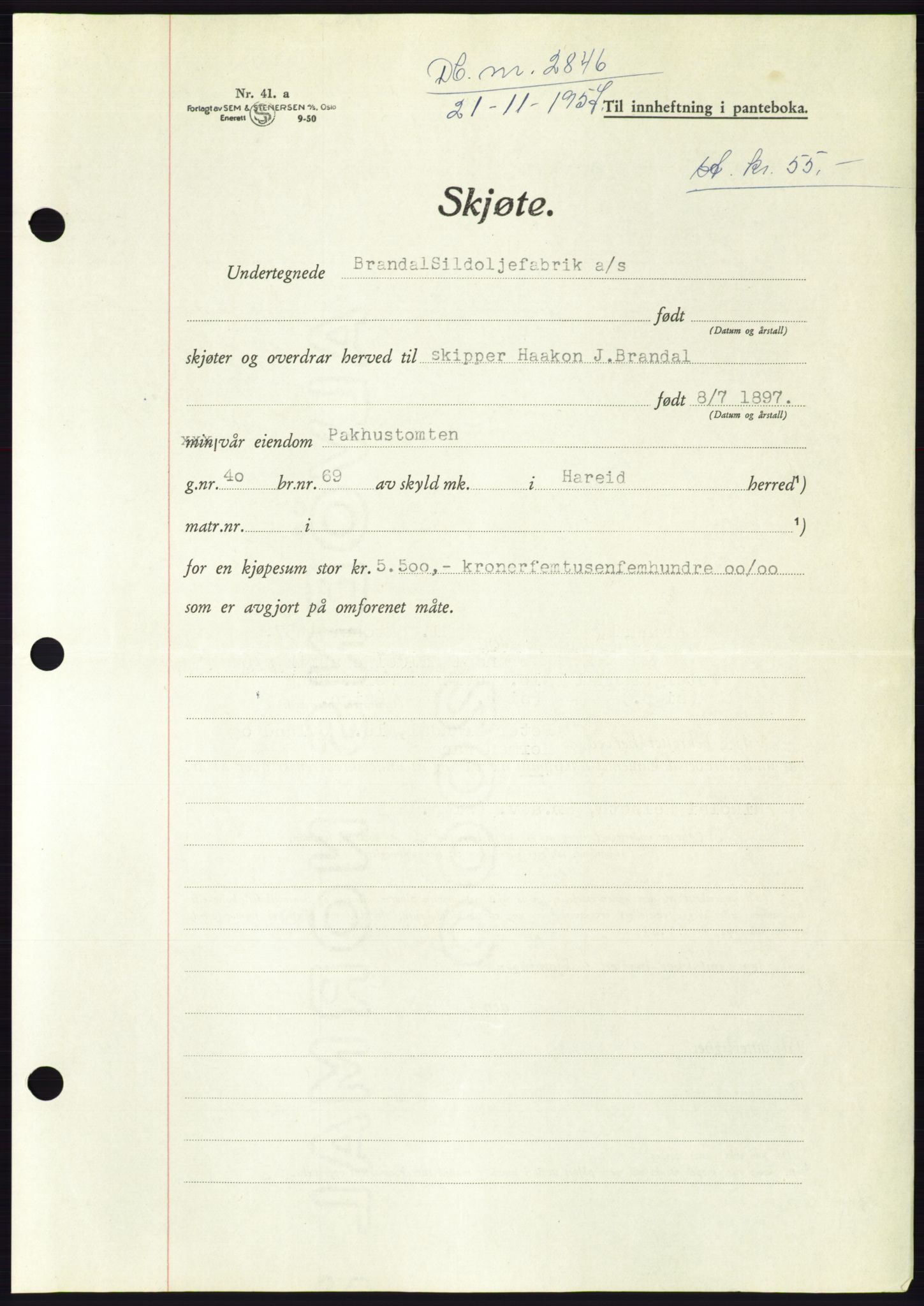 Søre Sunnmøre sorenskriveri, AV/SAT-A-4122/1/2/2C/L0108: Pantebok nr. 34A, 1957-1958, Dagboknr: 2846/1957