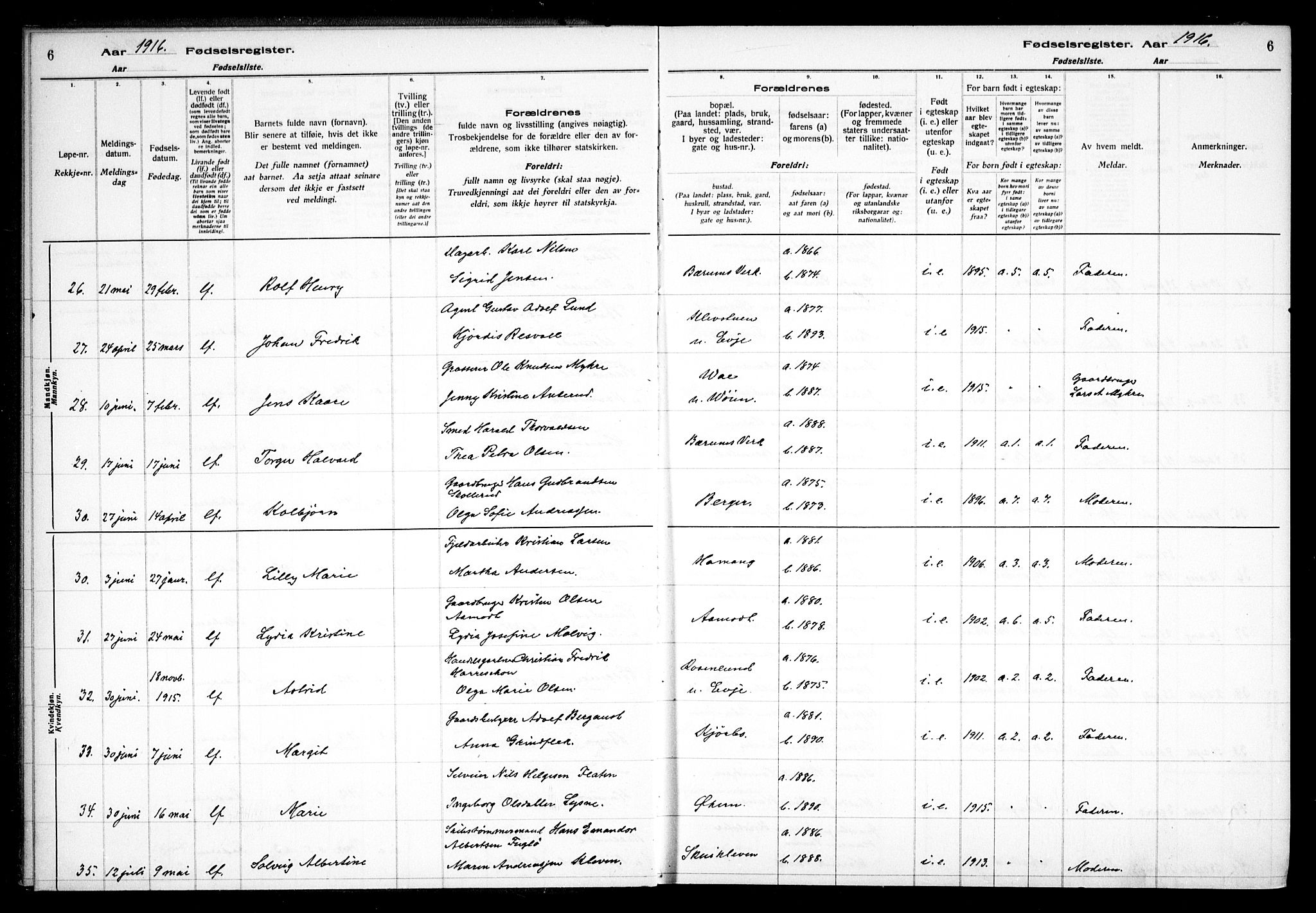 Vestre Bærum prestekontor Kirkebøker, SAO/A-10209a/J/L0001: Fødselsregister nr. 1, 1916-1926, s. 6