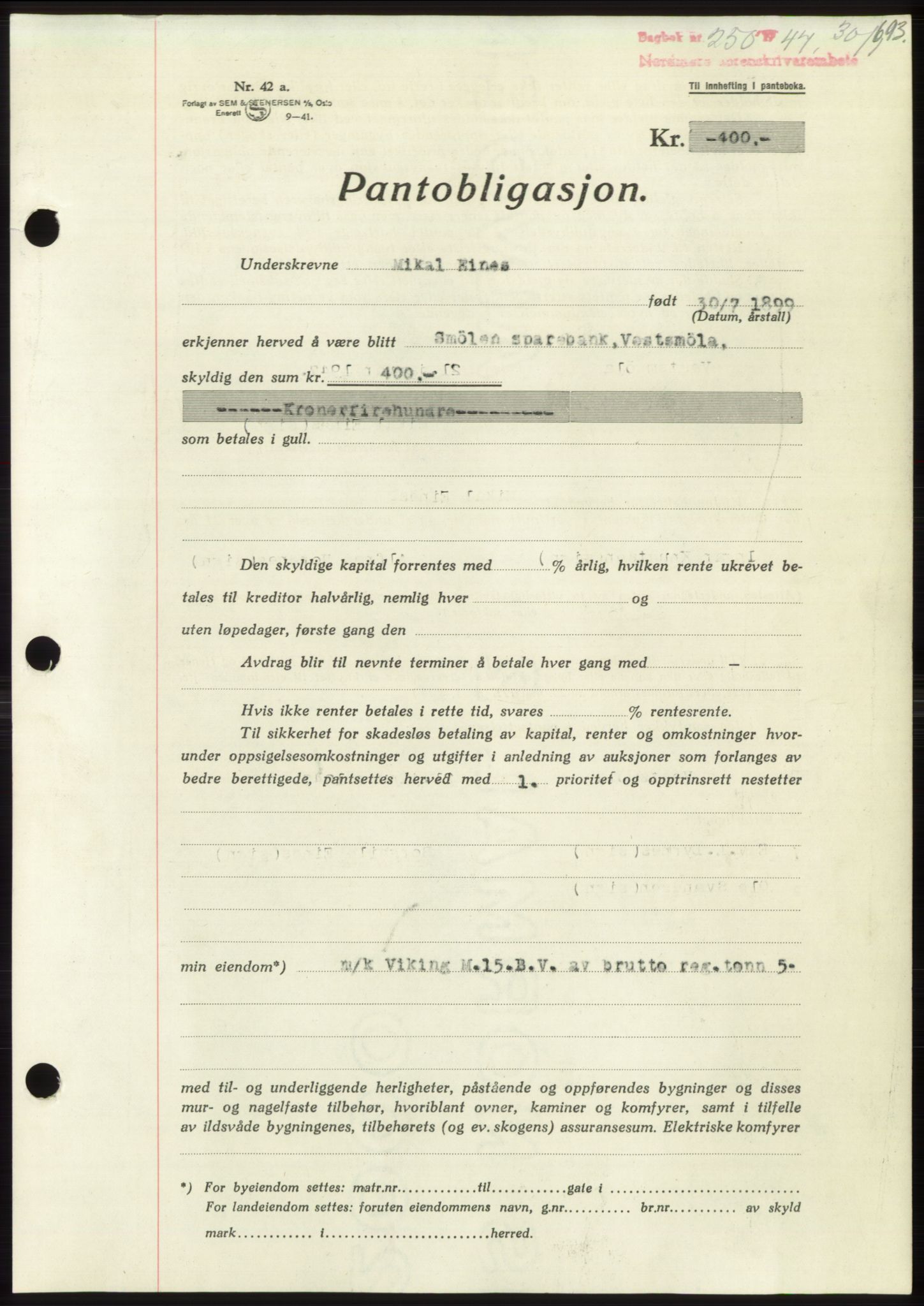 Nordmøre sorenskriveri, AV/SAT-A-4132/1/2/2Ca: Pantebok nr. B95, 1946-1947, Dagboknr: 250/1947