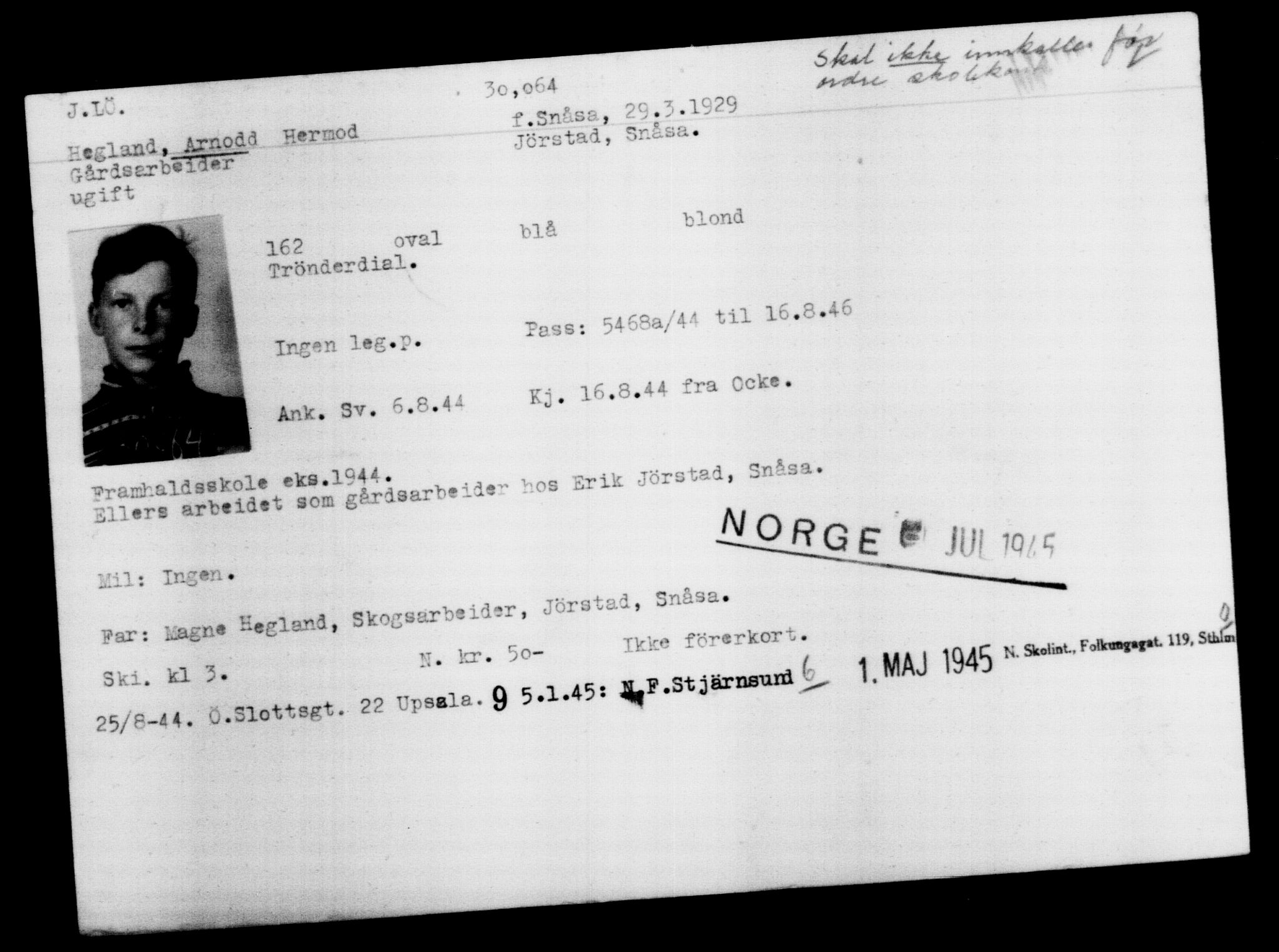 Utenriksstasjonene, Legasjonen i Stockholm, Flyktningkontoret, AV/RA-S-6753/V/Va/L0012: Kjesäterkartoteket, flyktninger med registreringsnr. 28300-31566, 1940-1945, s. 1947
