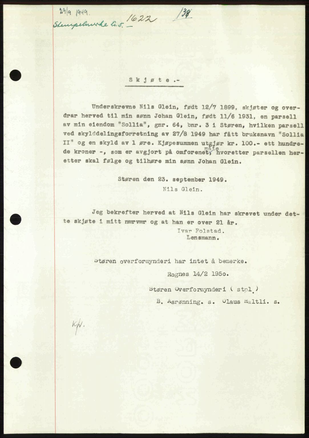 Gauldal sorenskriveri, SAT/A-0014/1/2/2C: Pantebok nr. A8, 1949-1949, Dagboknr: 1622/1949
