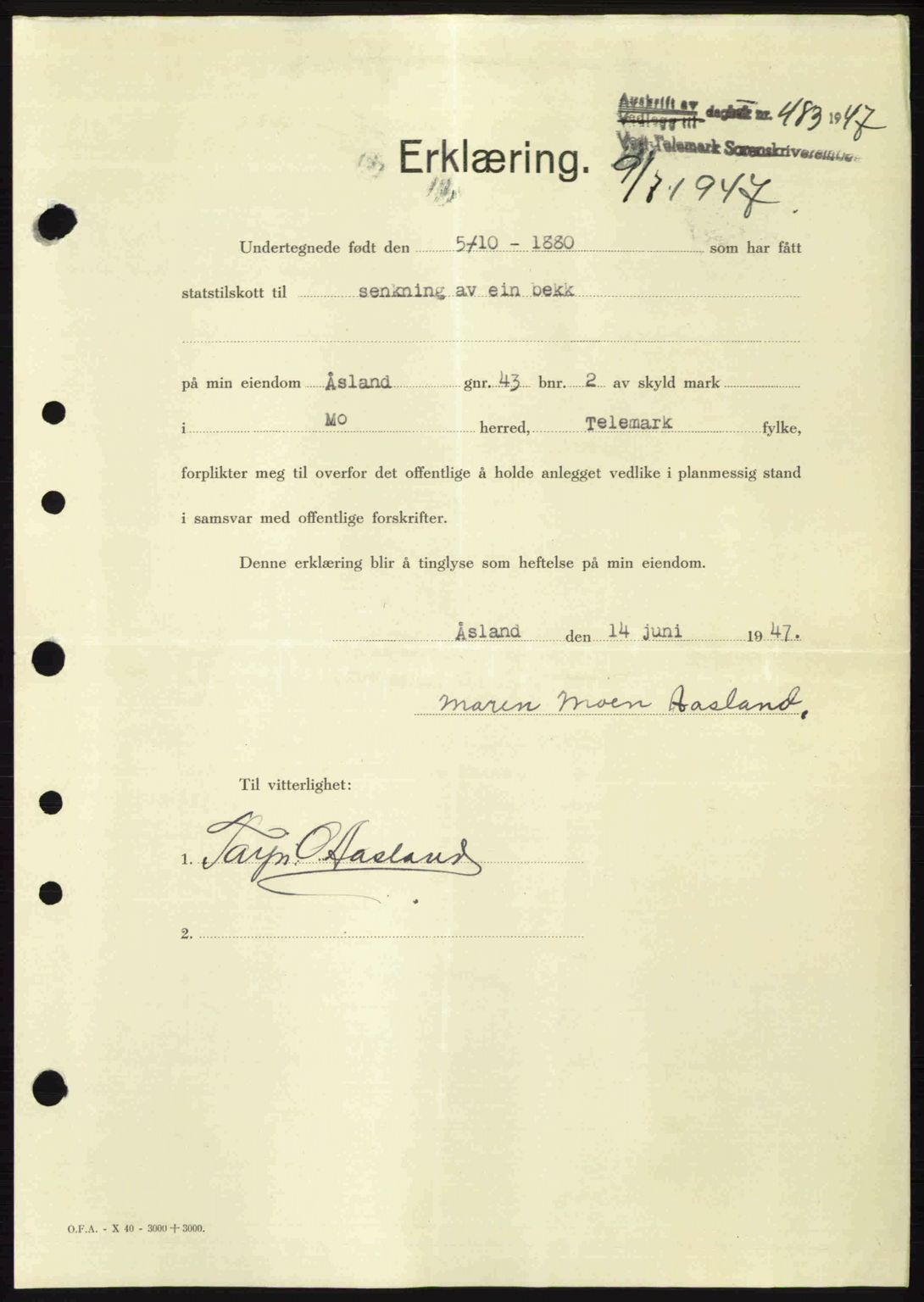 Vest-Telemark sorenskriveri, SAKO/A-134/G/Ga/Gac/L0008: Pantebok nr. A-8, 1947-1948, Dagboknr: 483/1947