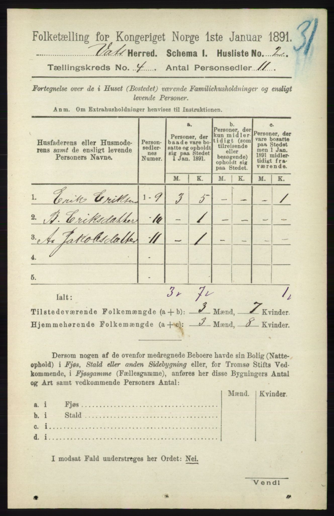 RA, Folketelling 1891 for 1155 Vats herred, 1891, s. 592