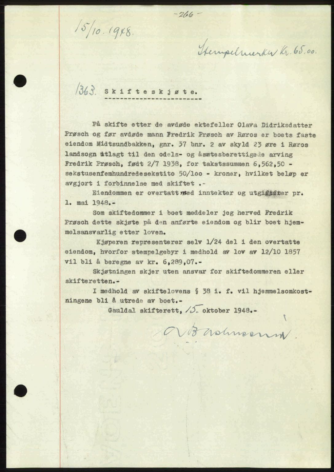 Gauldal sorenskriveri, SAT/A-0014/1/2/2C: Pantebok nr. A6, 1948-1948, Dagboknr: 1363/1948