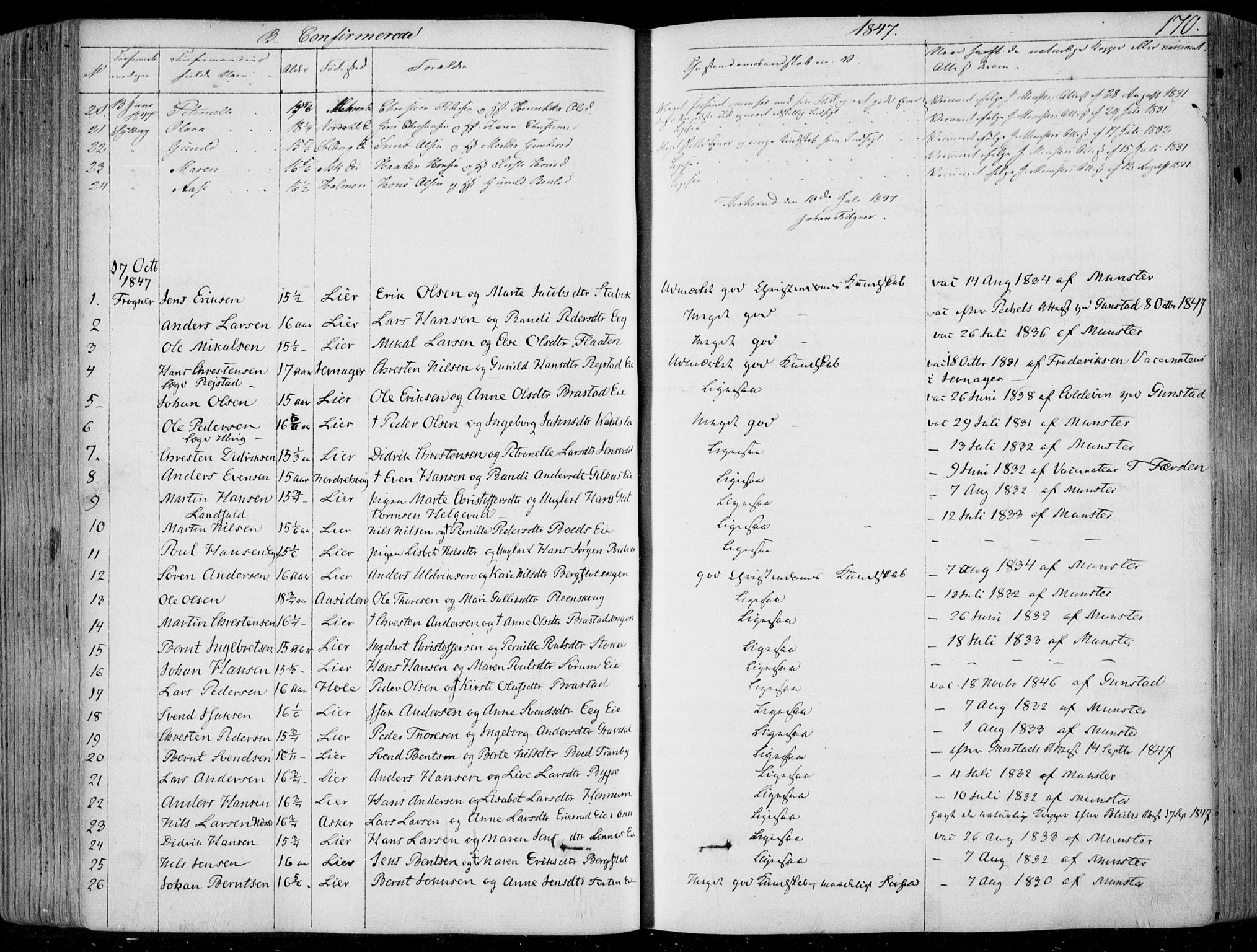 Lier kirkebøker, AV/SAKO-A-230/F/Fa/L0011: Ministerialbok nr. I 11, 1843-1854, s. 170