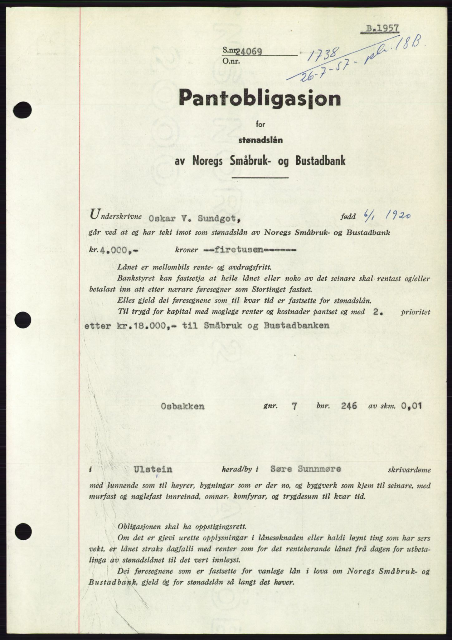 Søre Sunnmøre sorenskriveri, AV/SAT-A-4122/1/2/2C/L0130: Pantebok nr. 18B, 1957-1958, Dagboknr: 1738/1957