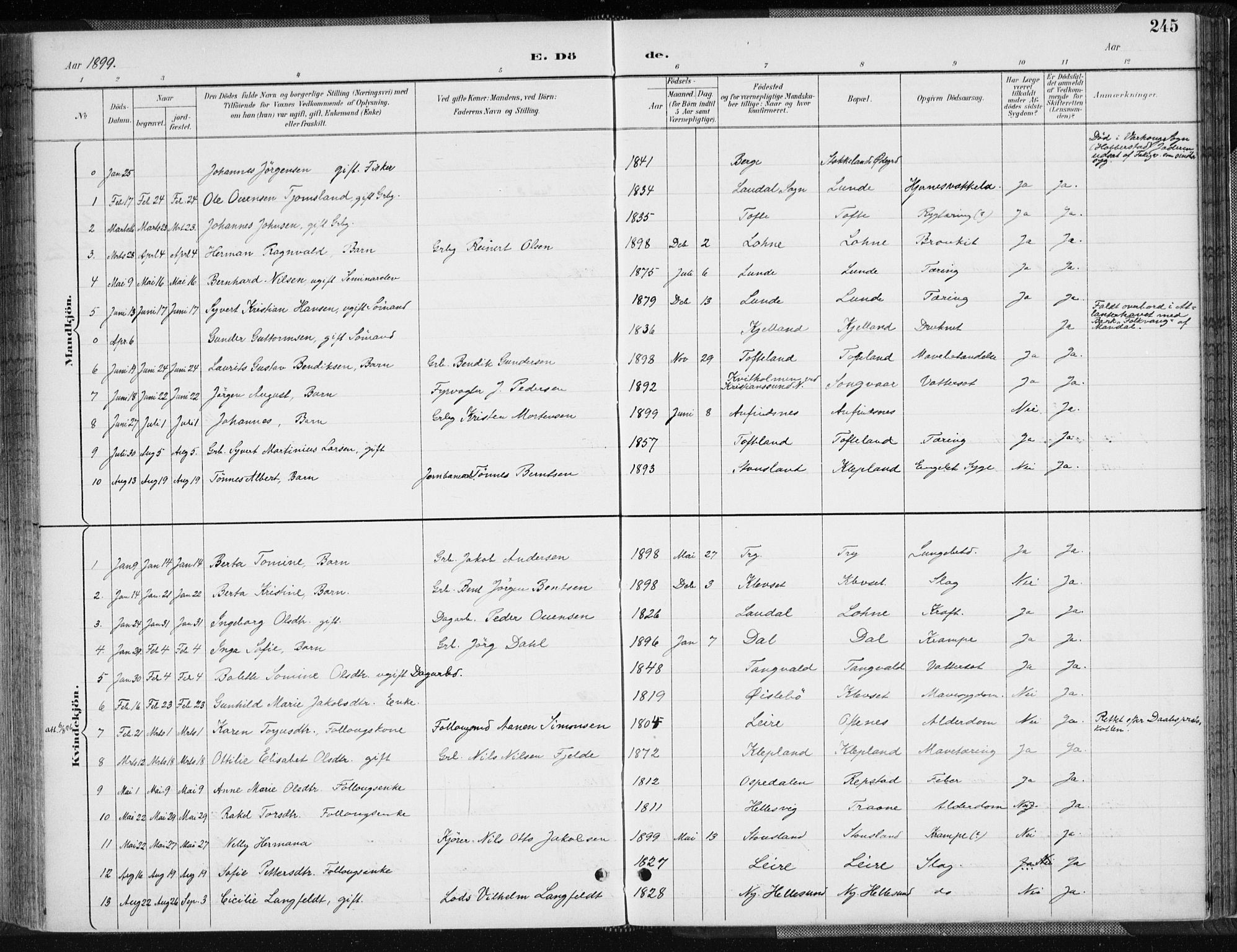 Søgne sokneprestkontor, SAK/1111-0037/F/Fa/Fab/L0013: Ministerialbok nr. A 13, 1892-1911, s. 245