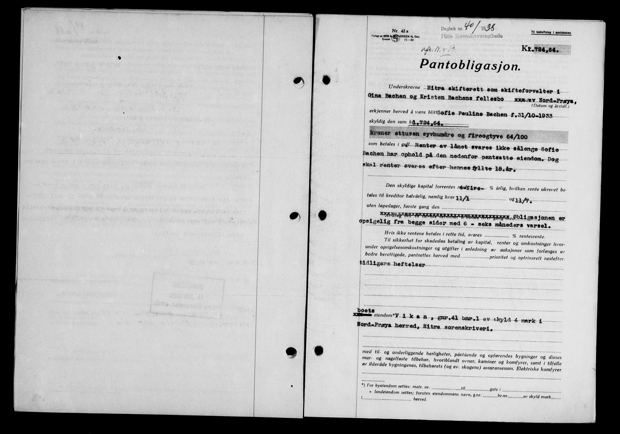 Hitra sorenskriveri, AV/SAT-A-0018/2/2C/2Ca/L0028: Pantebok nr. B-1, 1936-1939, Dagboknr: 40/1938