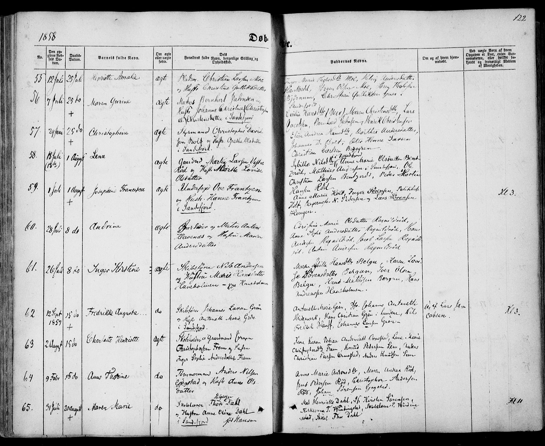 Sandar kirkebøker, AV/SAKO-A-243/F/Fa/L0007: Ministerialbok nr. 7, 1855-1861, s. 122