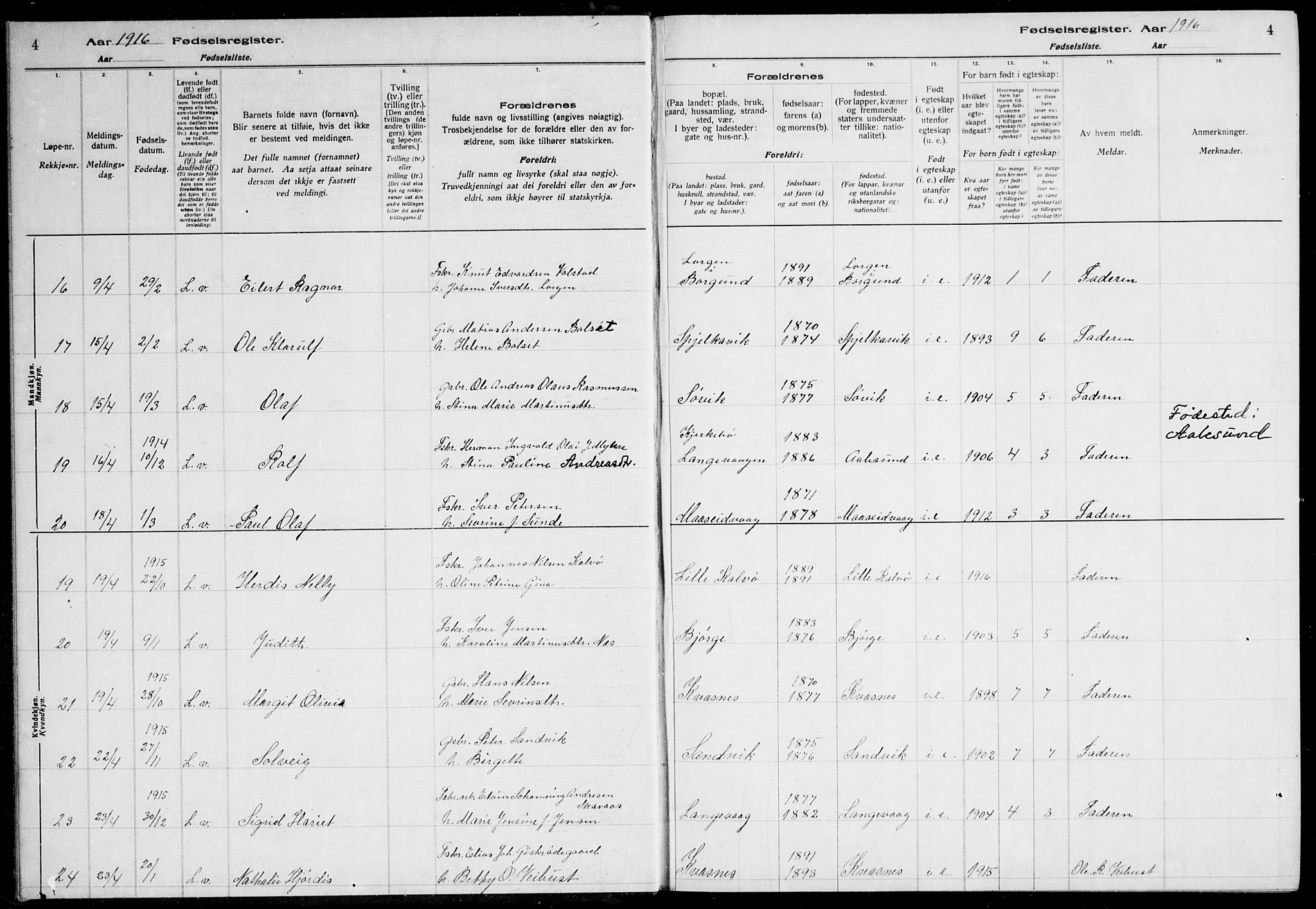 Ministerialprotokoller, klokkerbøker og fødselsregistre - Møre og Romsdal, AV/SAT-A-1454/528/L0442: Fødselsregister nr. 528.II.4.1, 1916-1924, s. 4