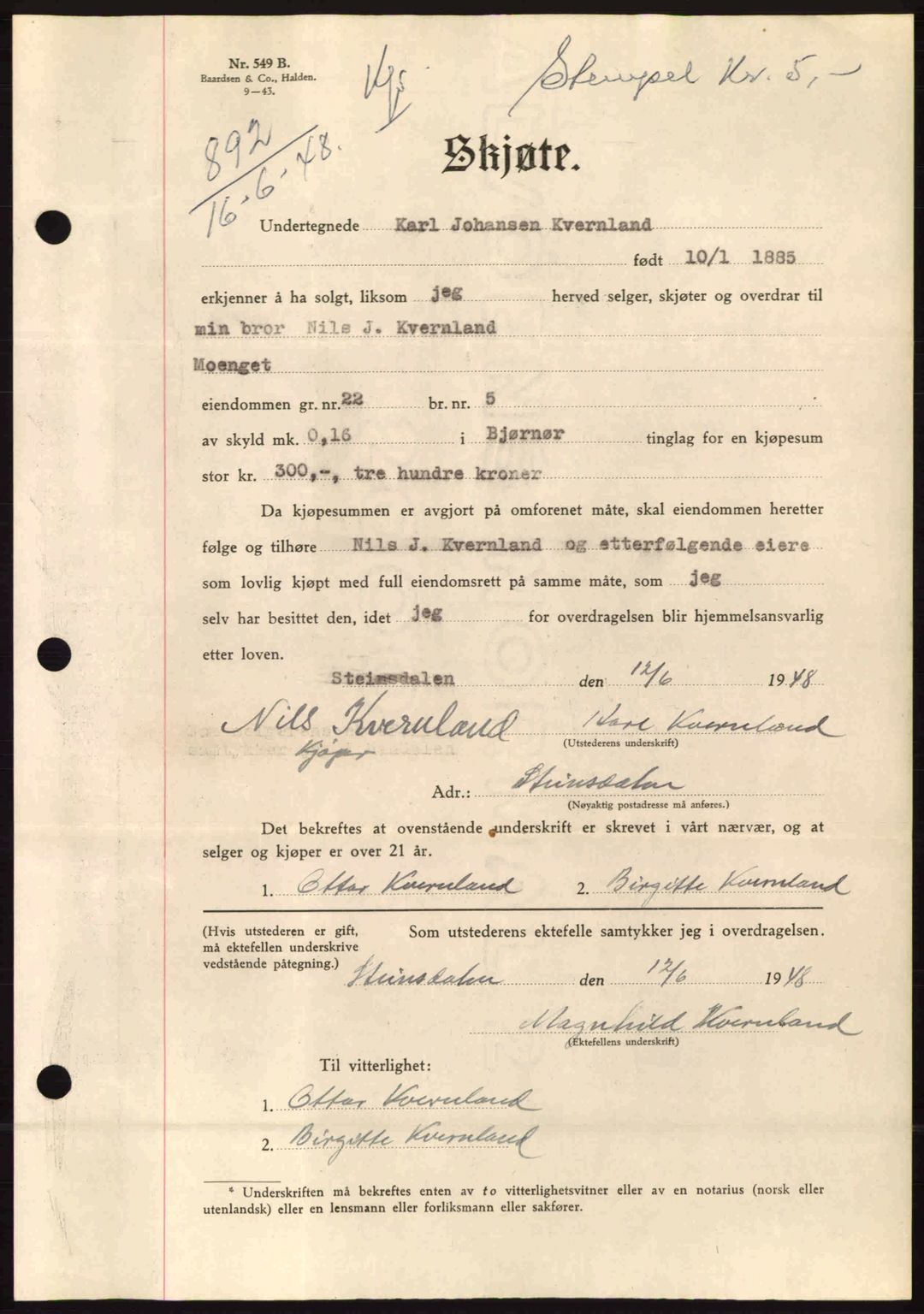 Fosen sorenskriveri, AV/SAT-A-1107/1/2/2C: Pantebok nr. A8, 1948-1948, Dagboknr: 892/1948