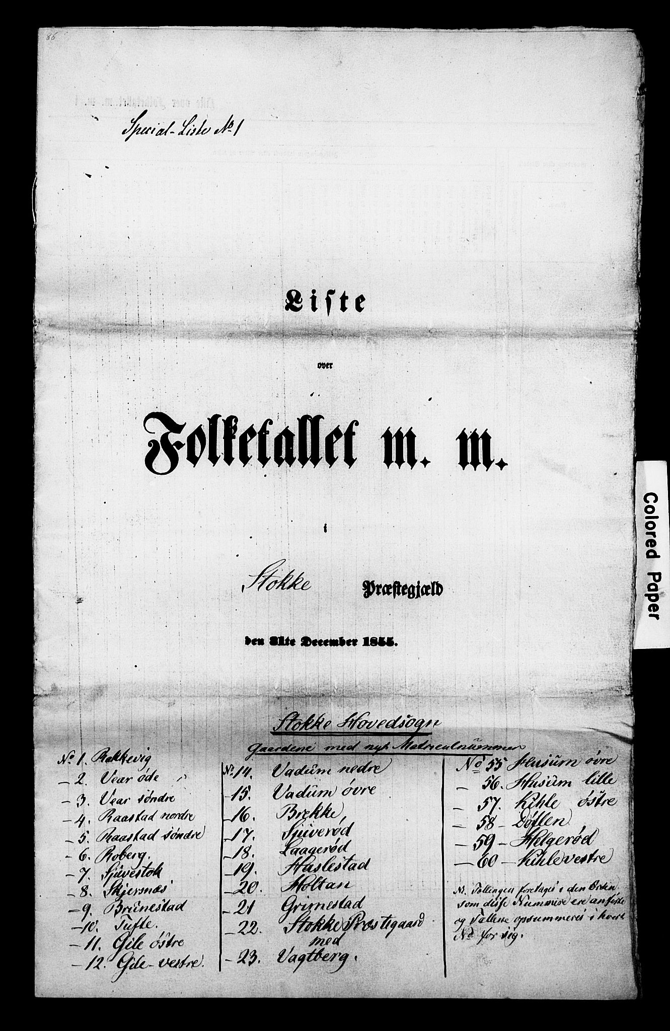 , Folketelling 1855 for 0720P Stokke prestegjeld, 1855, s. 1