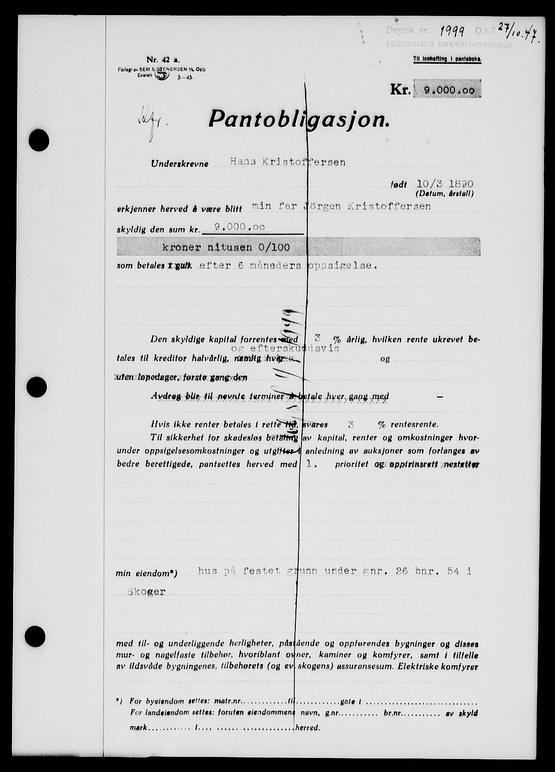 Holmestrand sorenskriveri, SAKO/A-67/G/Ga/Gab/L0058: Pantebok nr. B-58, 1947-1948, Dagboknr: 1999/1947