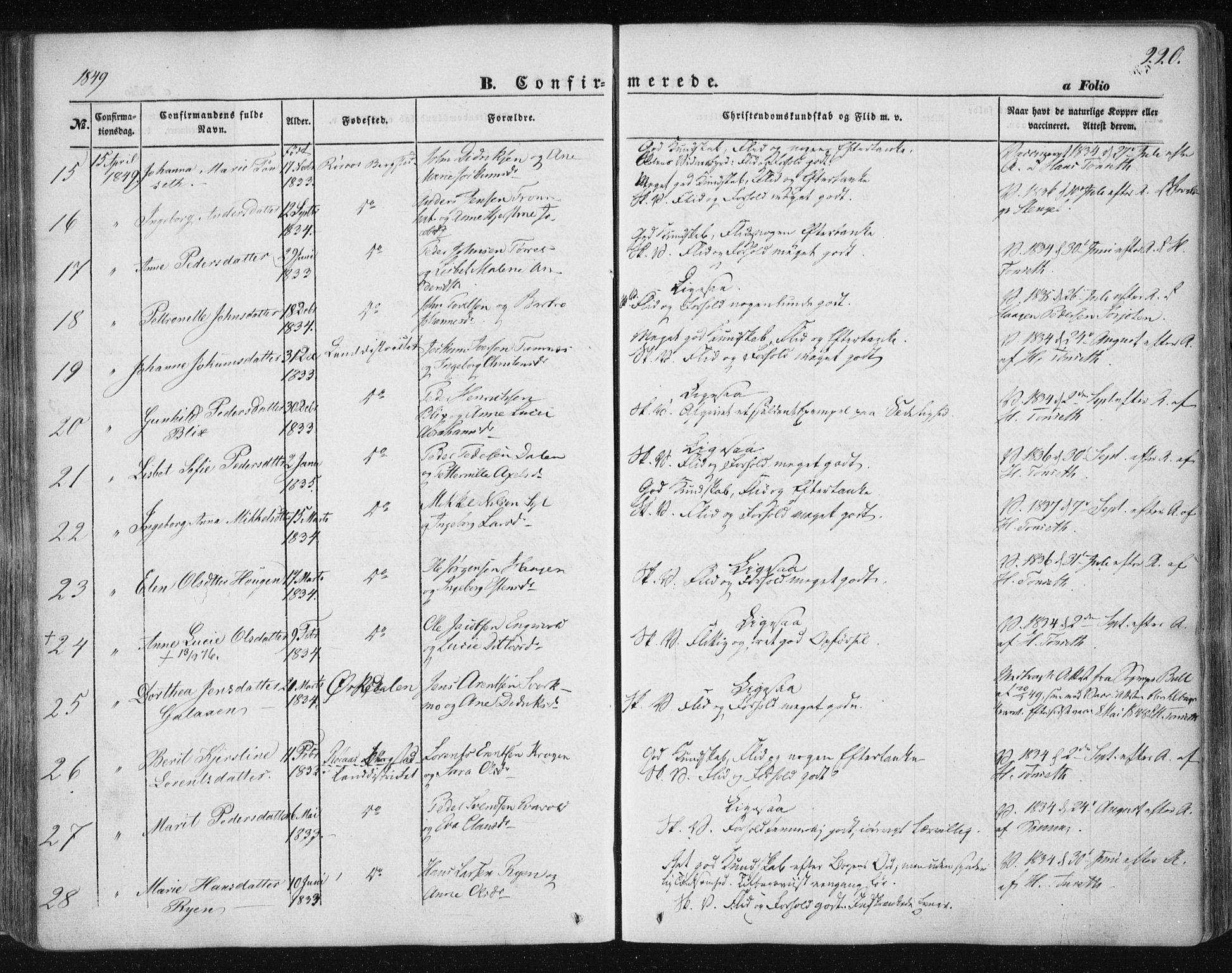 Ministerialprotokoller, klokkerbøker og fødselsregistre - Sør-Trøndelag, SAT/A-1456/681/L0931: Ministerialbok nr. 681A09, 1845-1859, s. 220