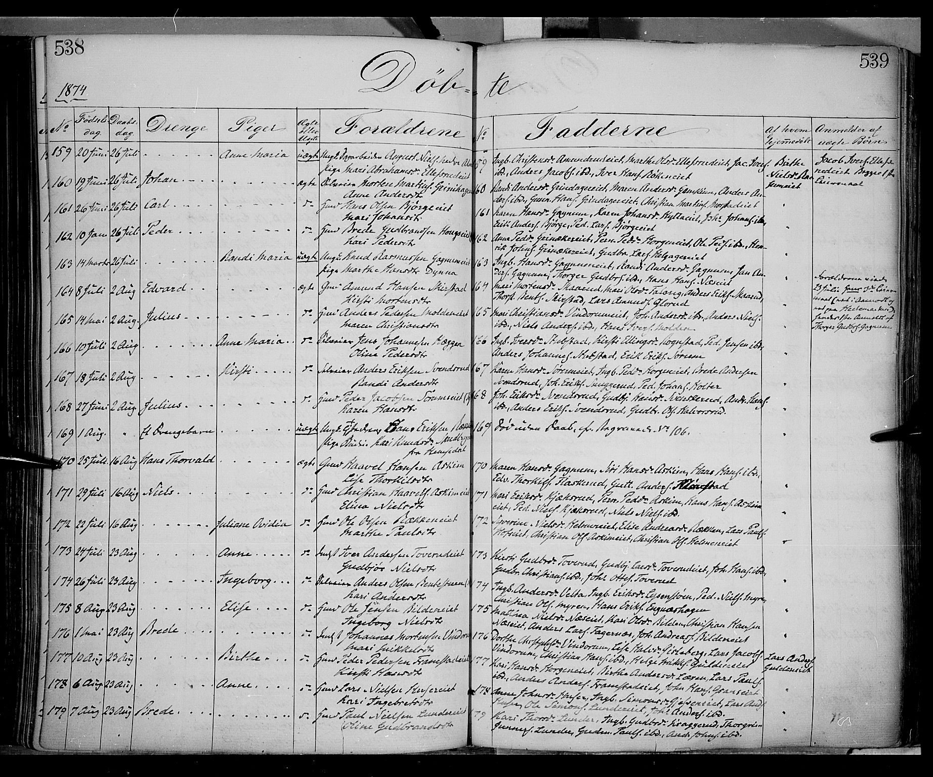 Gran prestekontor, AV/SAH-PREST-112/H/Ha/Haa/L0012: Ministerialbok nr. 12, 1856-1874, s. 538-539
