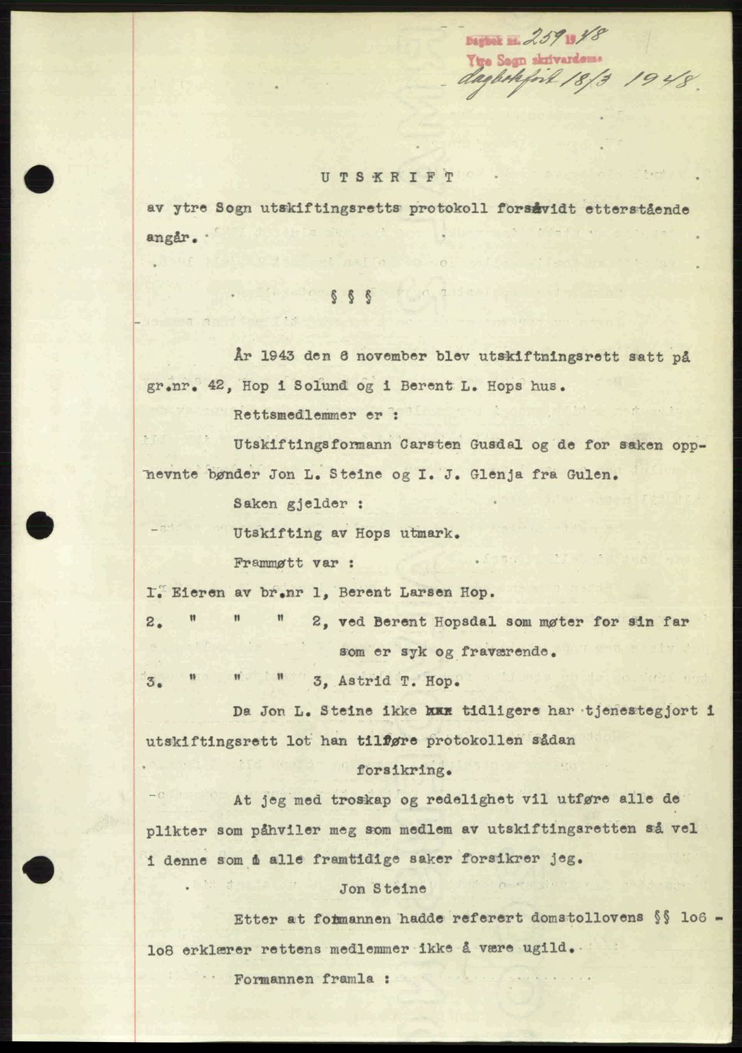 Ytre Sogn tingrett, SAB/A-2601/1/G/Gbb/L0005: Pantebok nr. A3 - A4 (B2), 1947-1948, Dagboknr: 259/1948