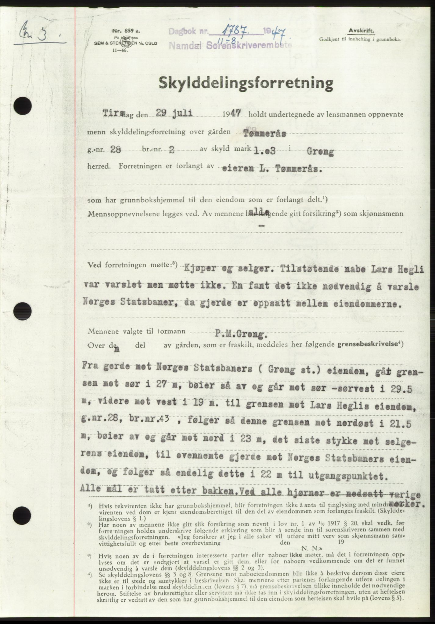 Namdal sorenskriveri, SAT/A-4133/1/2/2C: Pantebok nr. -, 1947-1947, Dagboknr: 1787/1947