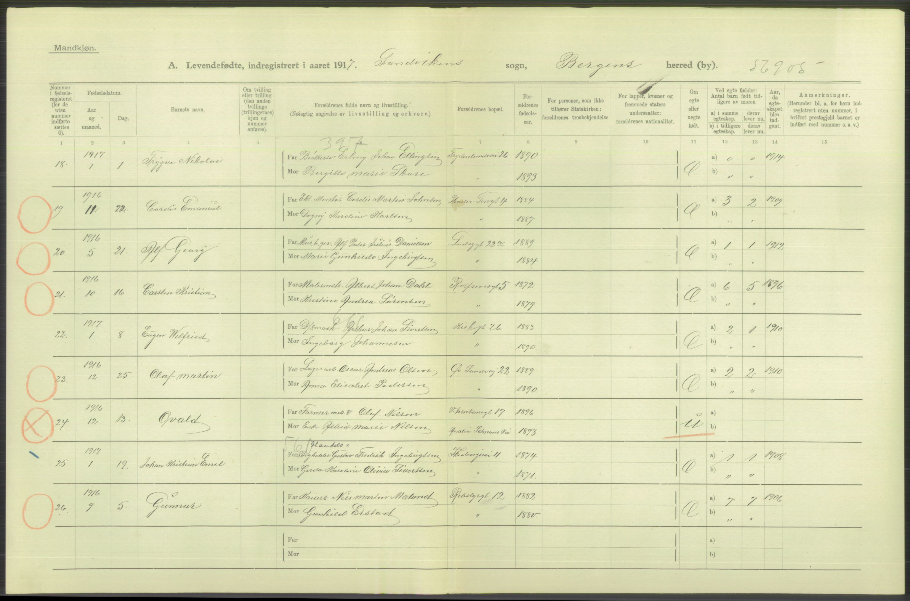 Statistisk sentralbyrå, Sosiodemografiske emner, Befolkning, AV/RA-S-2228/D/Df/Dfb/Dfbg/L0037: Bergen: Levendefødte menn og kvinner., 1917, s. 296