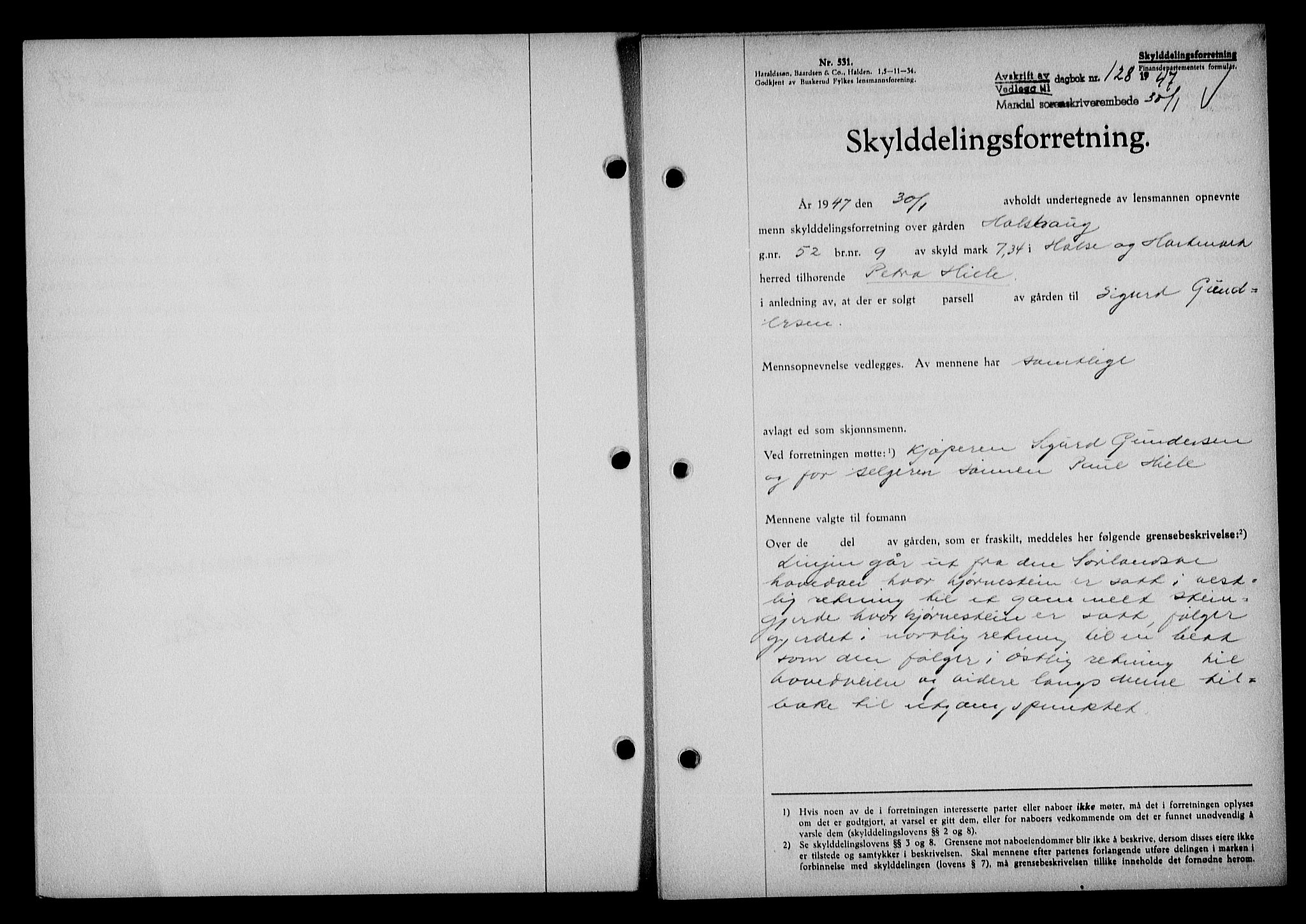 Mandal sorenskriveri, SAK/1221-0005/001/G/Gb/Gba/L0078: Pantebok nr. A-15, 1947-1947, Dagboknr: 128/1947