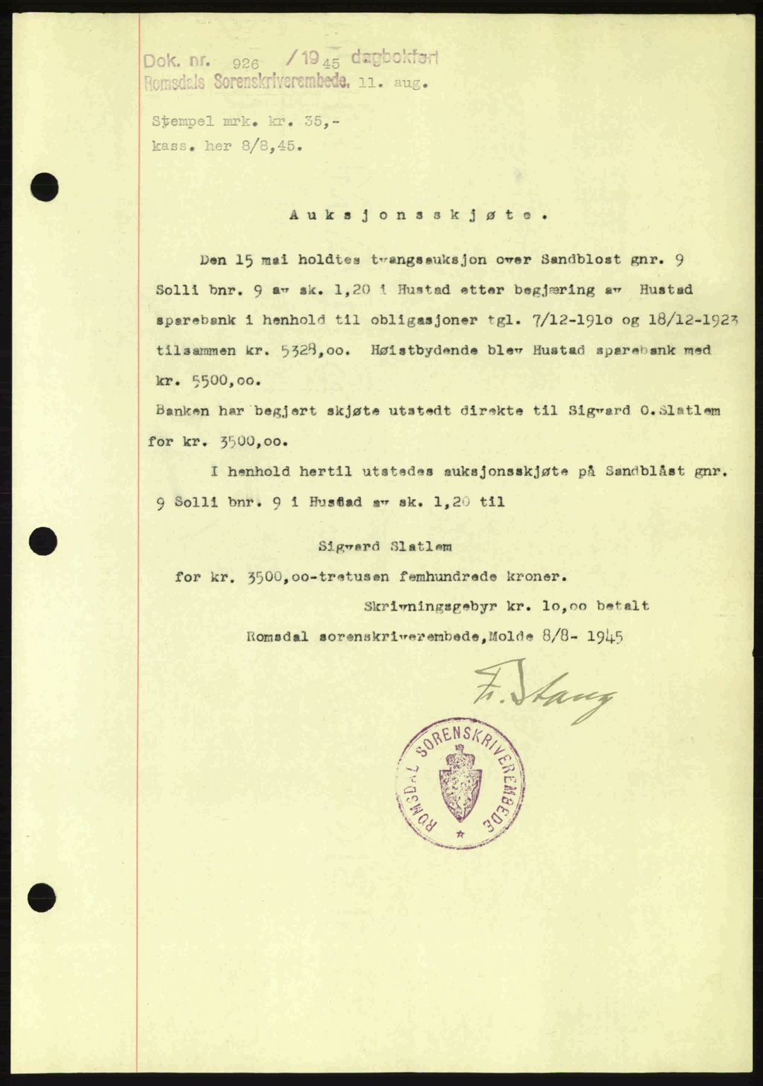 Romsdal sorenskriveri, SAT/A-4149/1/2/2C: Pantebok nr. A18, 1945-1945, Dagboknr: 926/1945