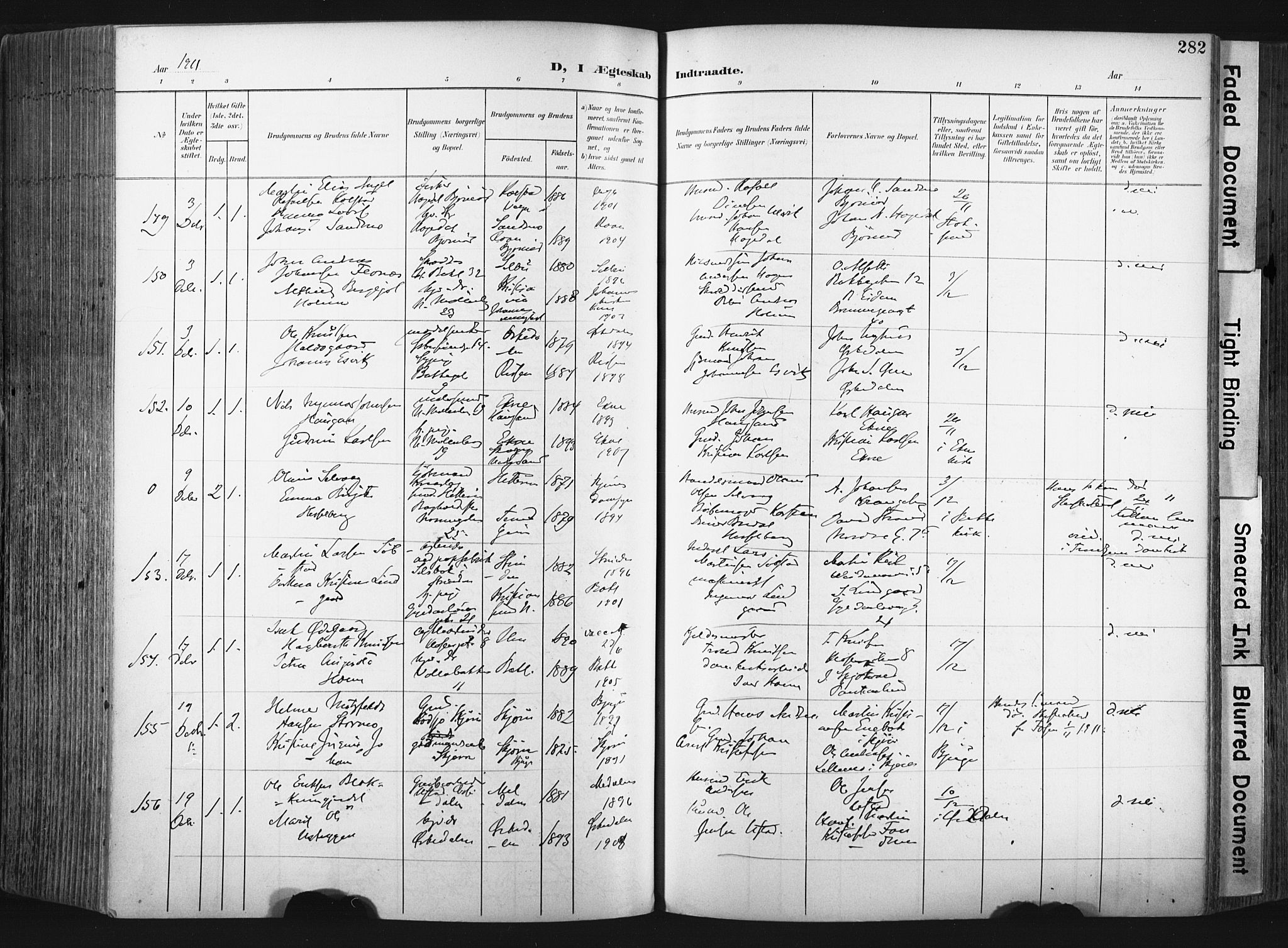 Ministerialprotokoller, klokkerbøker og fødselsregistre - Sør-Trøndelag, SAT/A-1456/604/L0201: Ministerialbok nr. 604A21, 1901-1911, s. 282