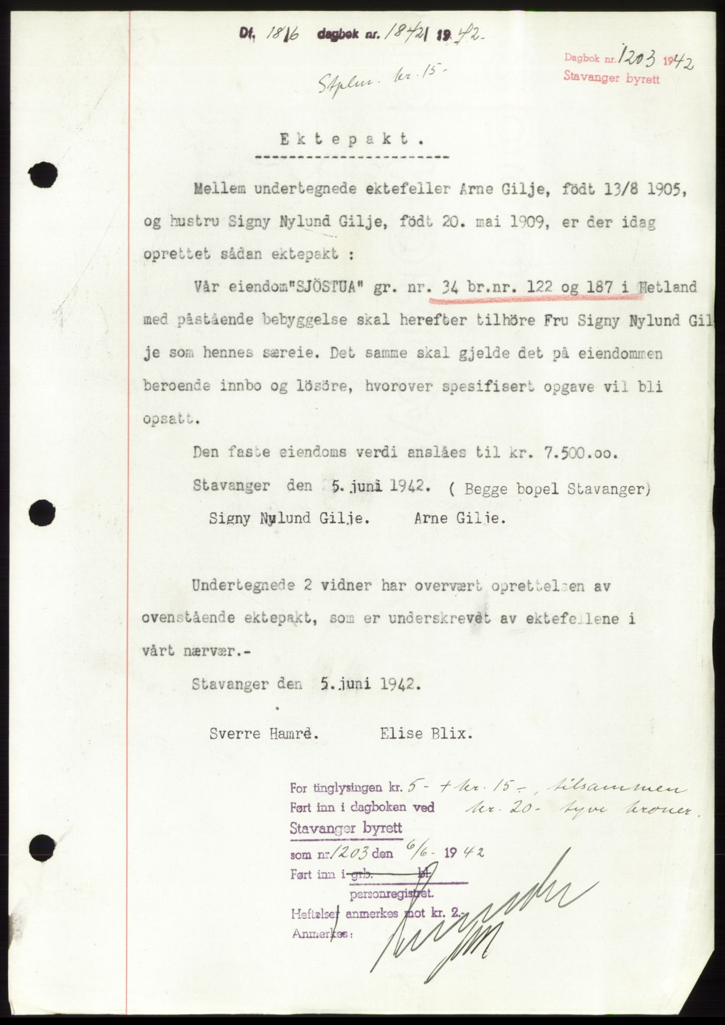 Jæren sorenskriveri, SAST/A-100310/03/G/Gba/L0082: Pantebok, 1942-1942, Dagboknr: 1842/1942