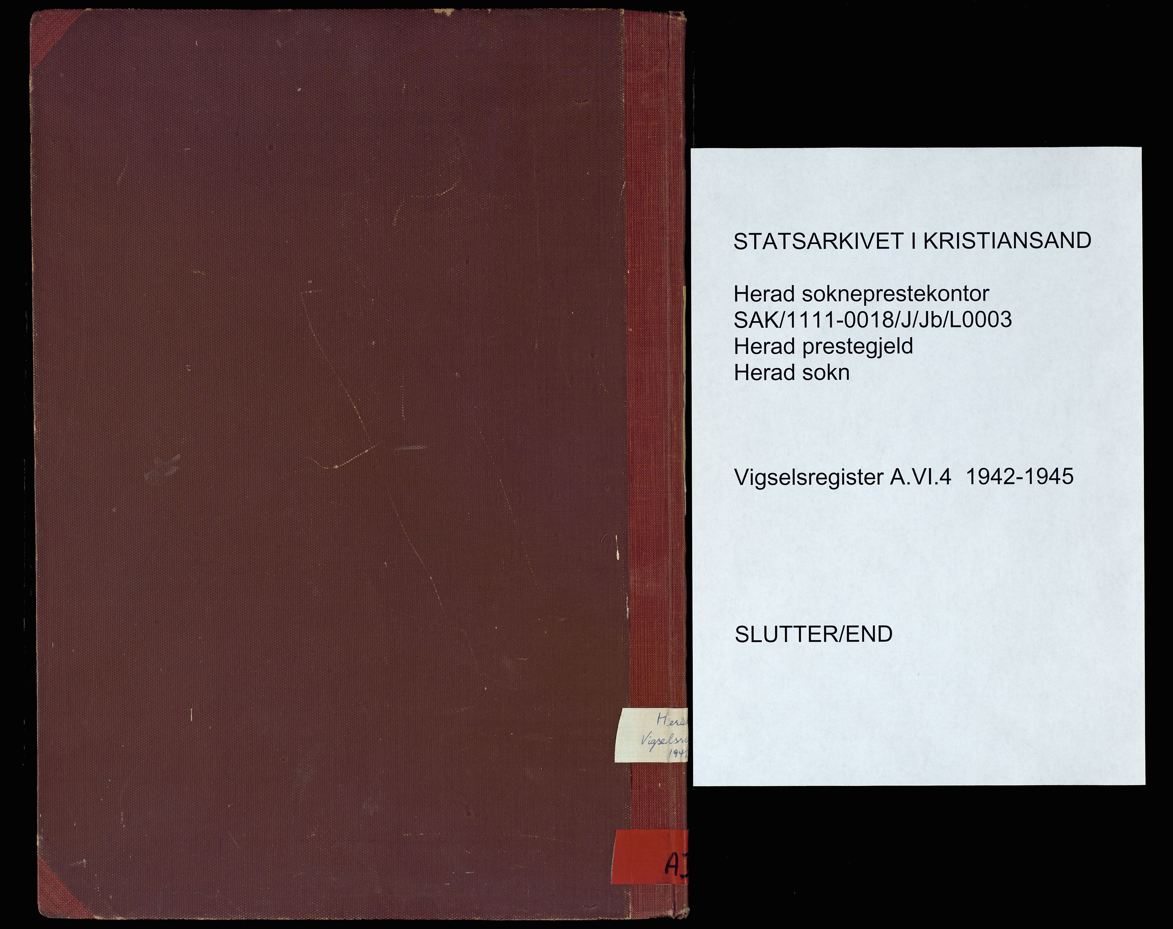 Herad sokneprestkontor, AV/SAK-1111-0018/J/Jb/L0003: Vigselsregister nr. A-VI-4, 1942-1945