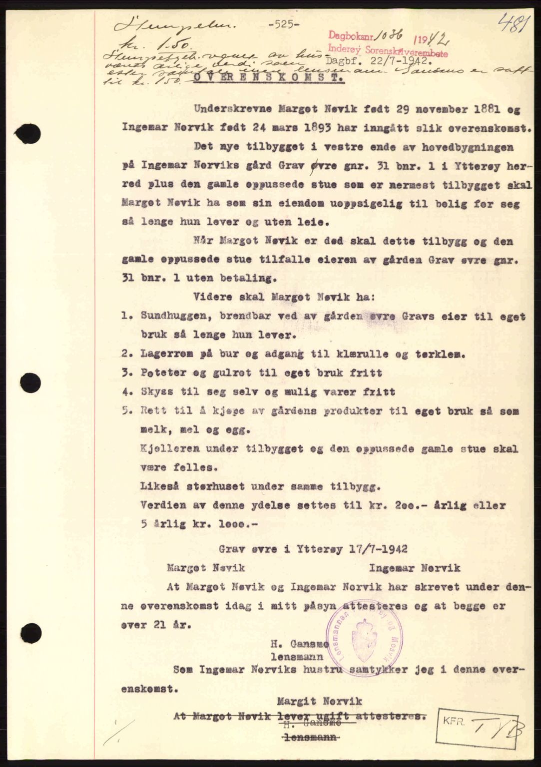 Inderøy sorenskriveri, SAT/A-4147/1/2/2C: Pantebok nr. Y1, 1936-1950, Dagboknr: 1036/1942