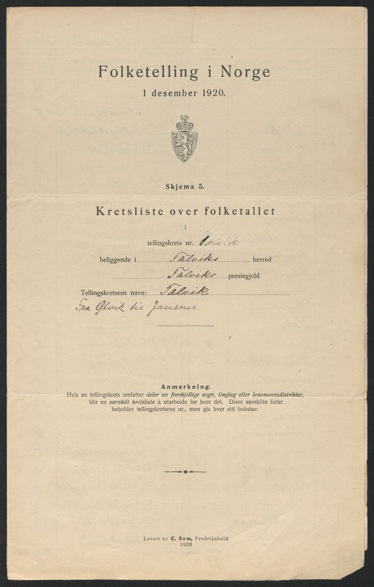 SATØ, Folketelling 1920 for 2013 Talvik herred, 1920, s. 6