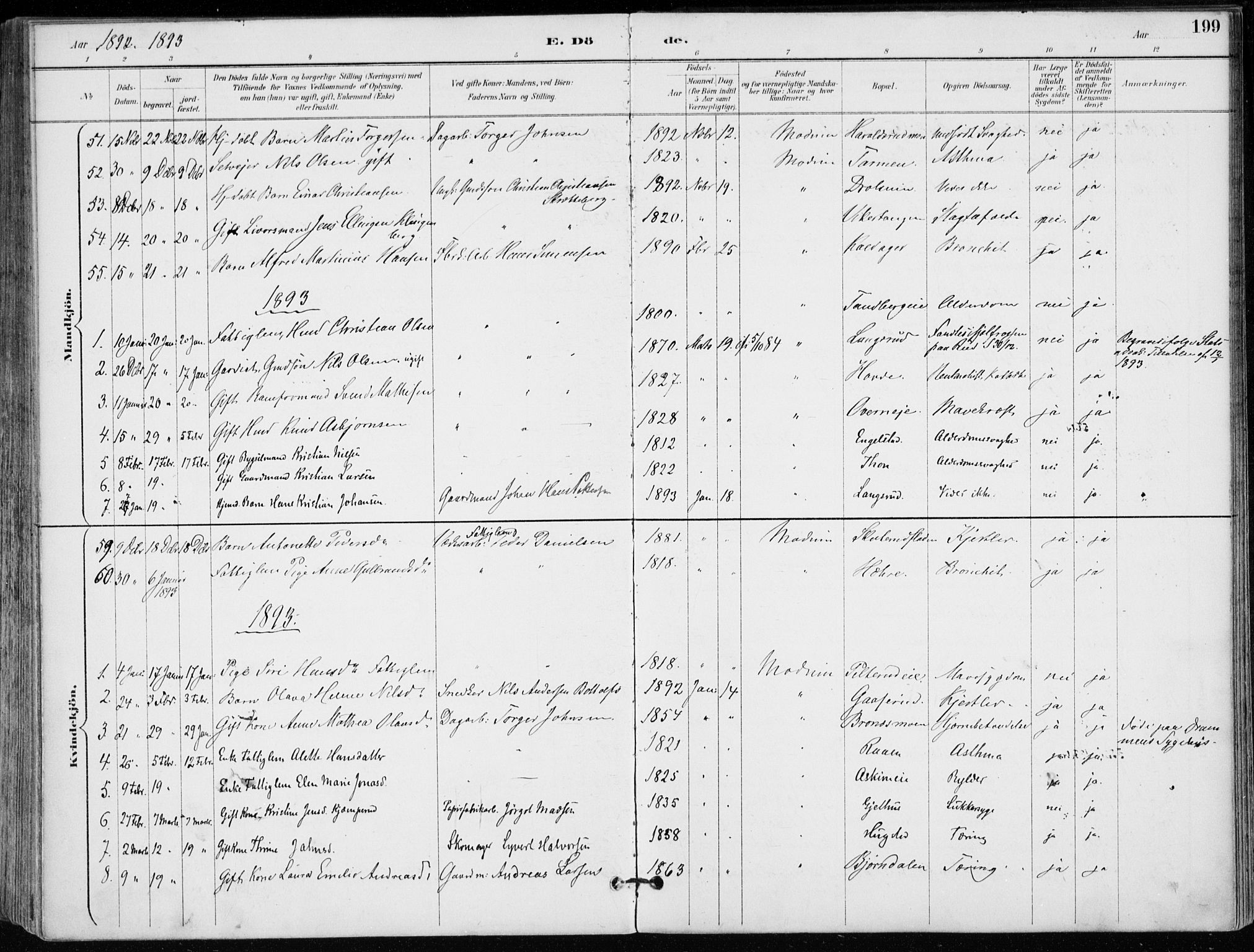 Modum kirkebøker, AV/SAKO-A-234/F/Fa/L0012: Ministerialbok nr. 12, 1890-1898, s. 199