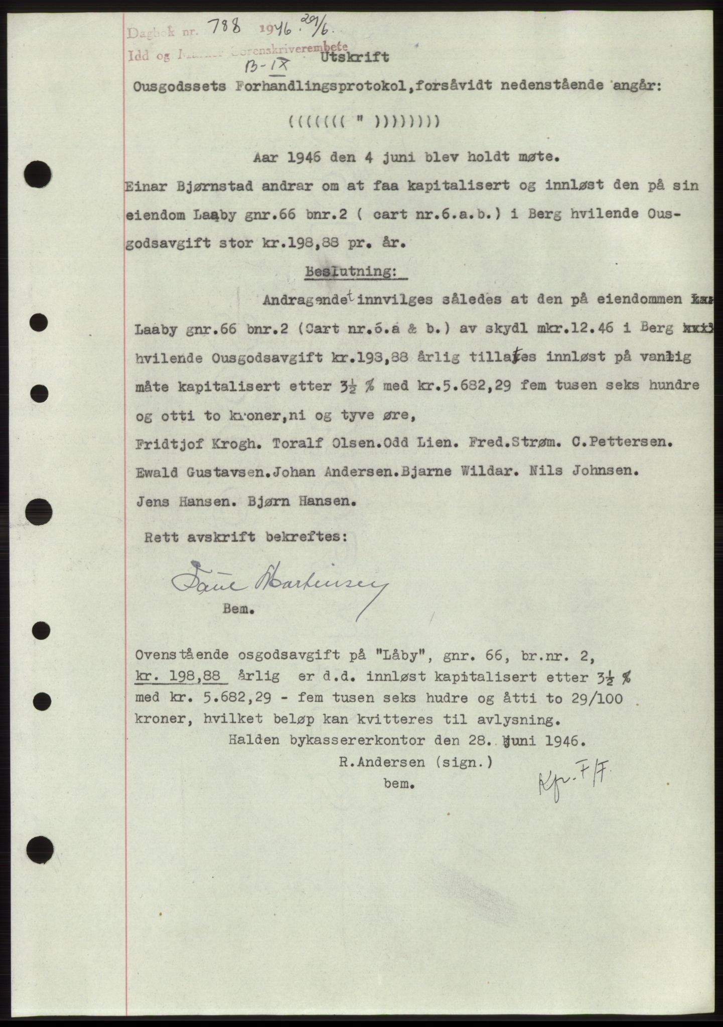 Idd og Marker sorenskriveri, SAO/A-10283/G/Gb/Gbc/L0003: Pantebok nr. B4-9b, 1946-1946, Tingl.dato: 29.06.1946