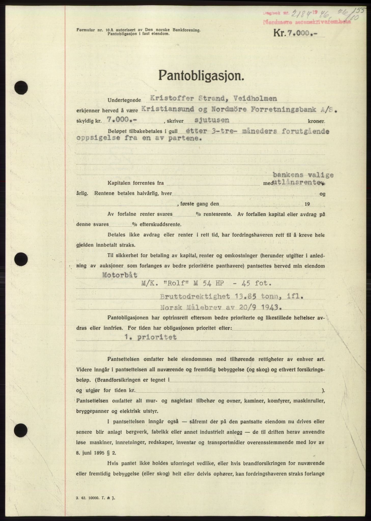 Nordmøre sorenskriveri, SAT/A-4132/1/2/2Ca: Pantebok nr. B95, 1946-1947, Dagboknr: 2184/1946