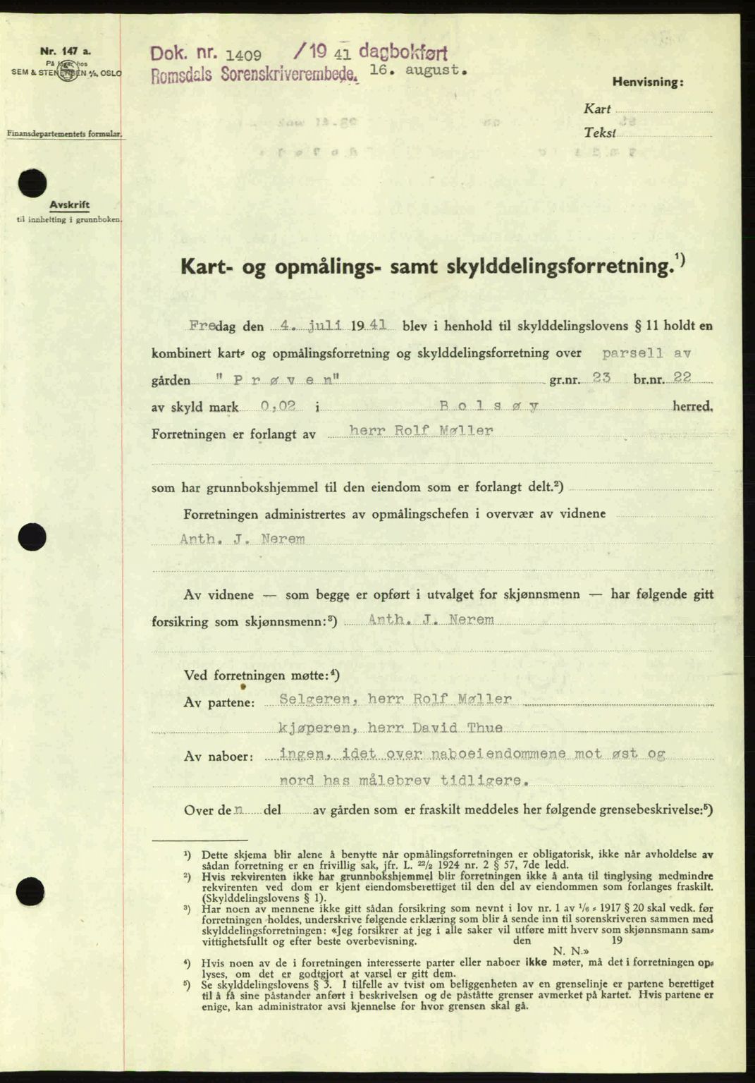 Romsdal sorenskriveri, AV/SAT-A-4149/1/2/2C: Pantebok nr. A10, 1941-1941, Dagboknr: 1409/1941