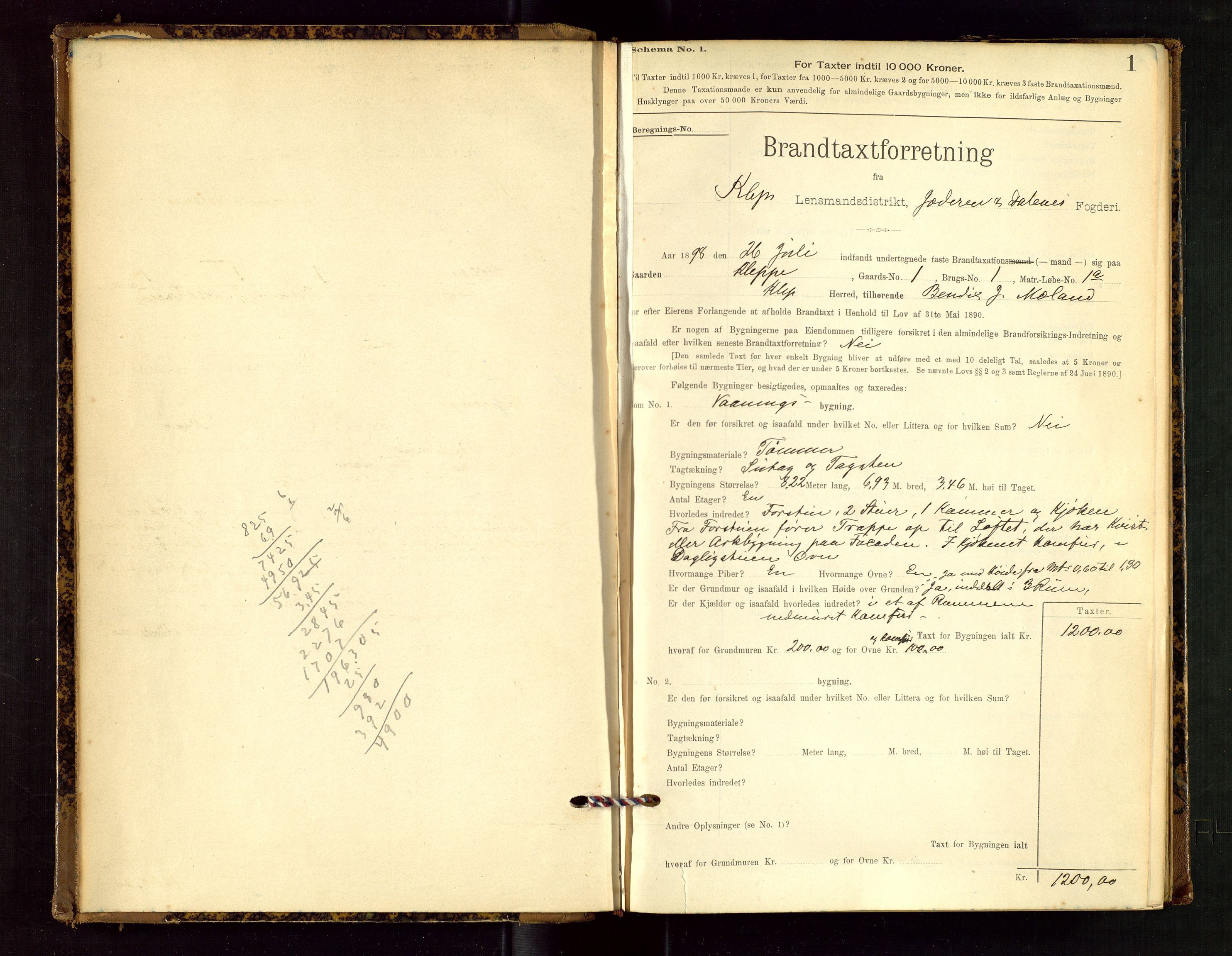 Klepp lensmannskontor, SAST/A-100163/Goc/L0002: "Brandtaxationsprotokol" m/register, 1898-1902, s. 1