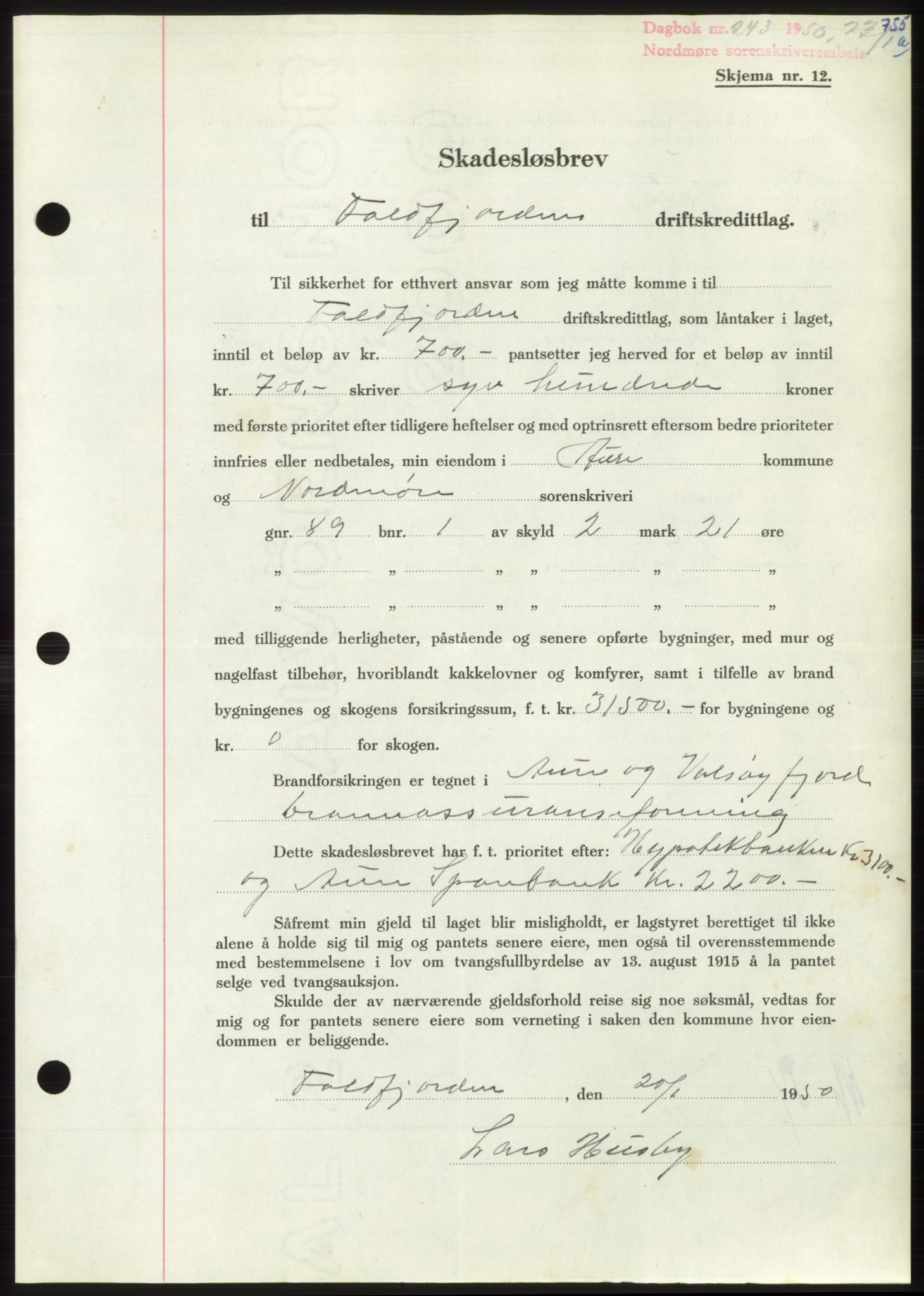 Nordmøre sorenskriveri, AV/SAT-A-4132/1/2/2Ca: Pantebok nr. B103, 1949-1950, Dagboknr: 243/1950
