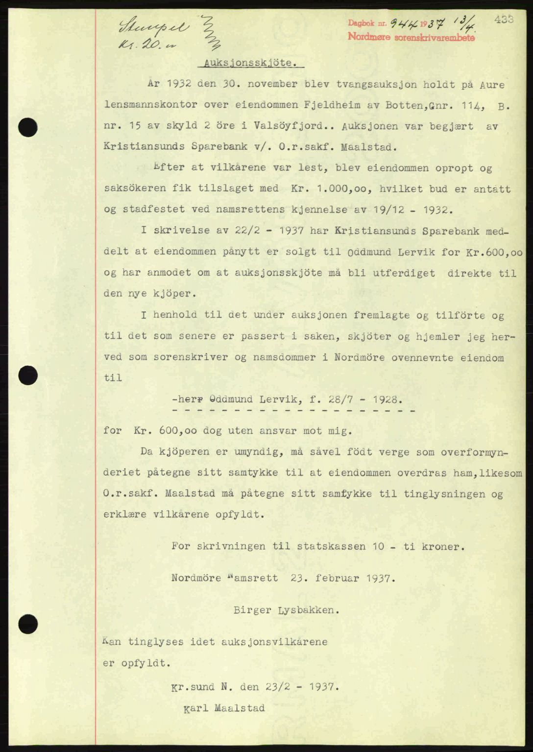 Nordmøre sorenskriveri, SAT/A-4132/1/2/2Ca: Pantebok nr. A81, 1937-1937, Dagboknr: 944/1937