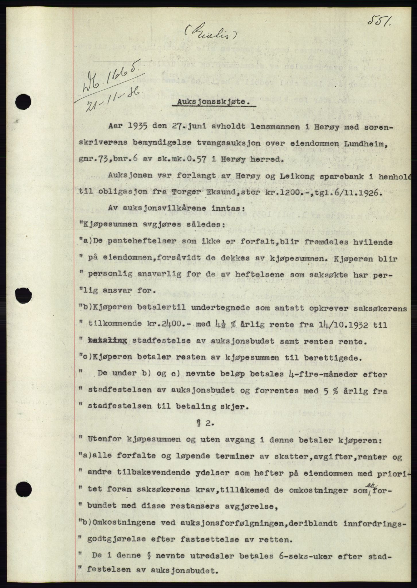 Søre Sunnmøre sorenskriveri, AV/SAT-A-4122/1/2/2C/L0061: Pantebok nr. 55, 1936-1936, Dagboknr: 1665/1936