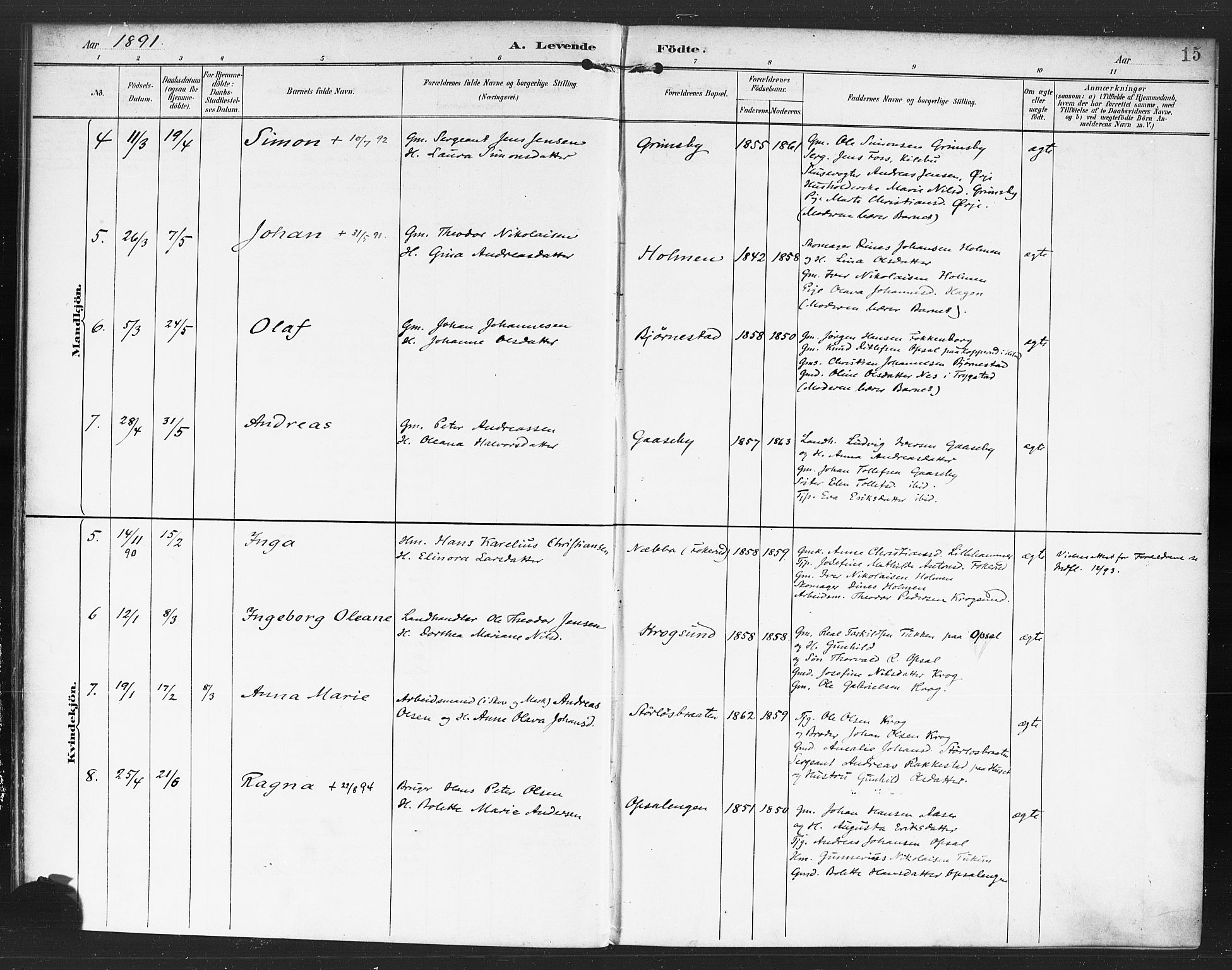 Rødenes prestekontor Kirkebøker, AV/SAO-A-2005/F/Fa/L0010: Ministerialbok nr. I 10, 1890-1900, s. 15